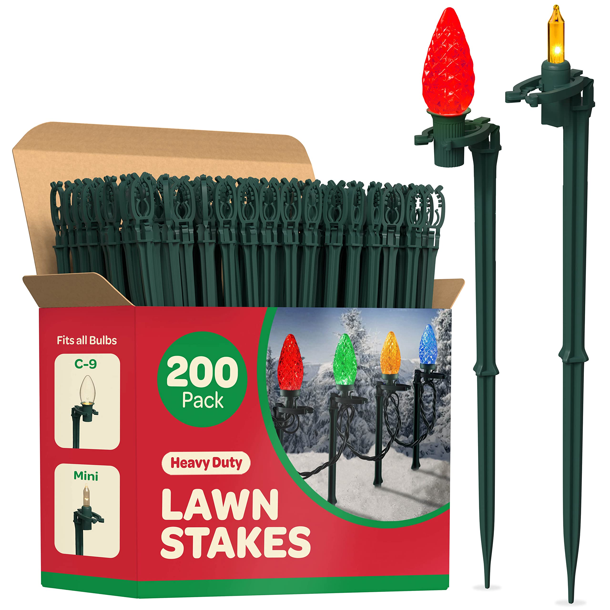 Christmas Light Yard Stakes [Set Of 200] Outdoor Light Stakes - 8.5' Tall - Universal Christmas Pathway Lights On Yards, Drivew