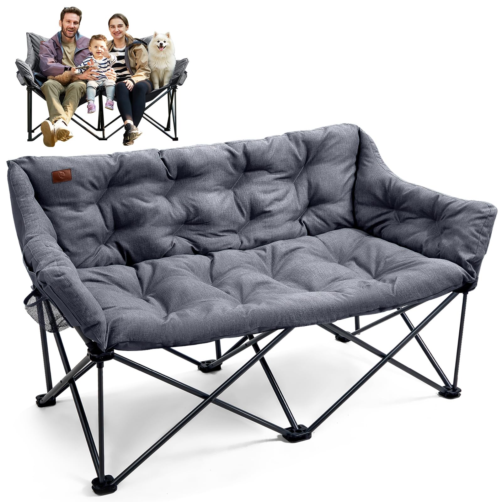 EVER ADVANCED Extra Large Double Camping Chair for Adults, Family Size Padded Folding Camping Love Seat Bench with Side Pocket P