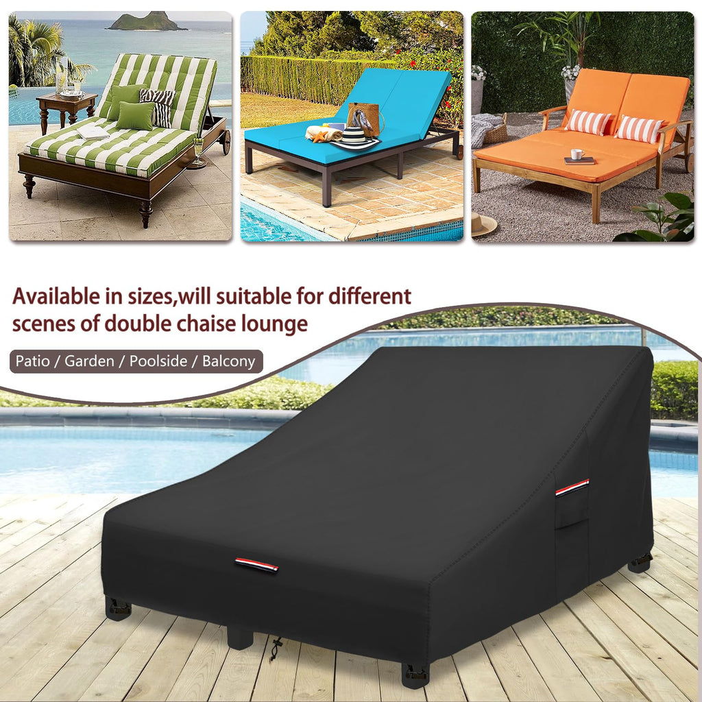 Okcool 100% Waterproof Patio Double Wide Chaise Lounge Chair Cover, 600D Tough Canvas 80 Inch Outdoor Chaise Lounge Covers,Black