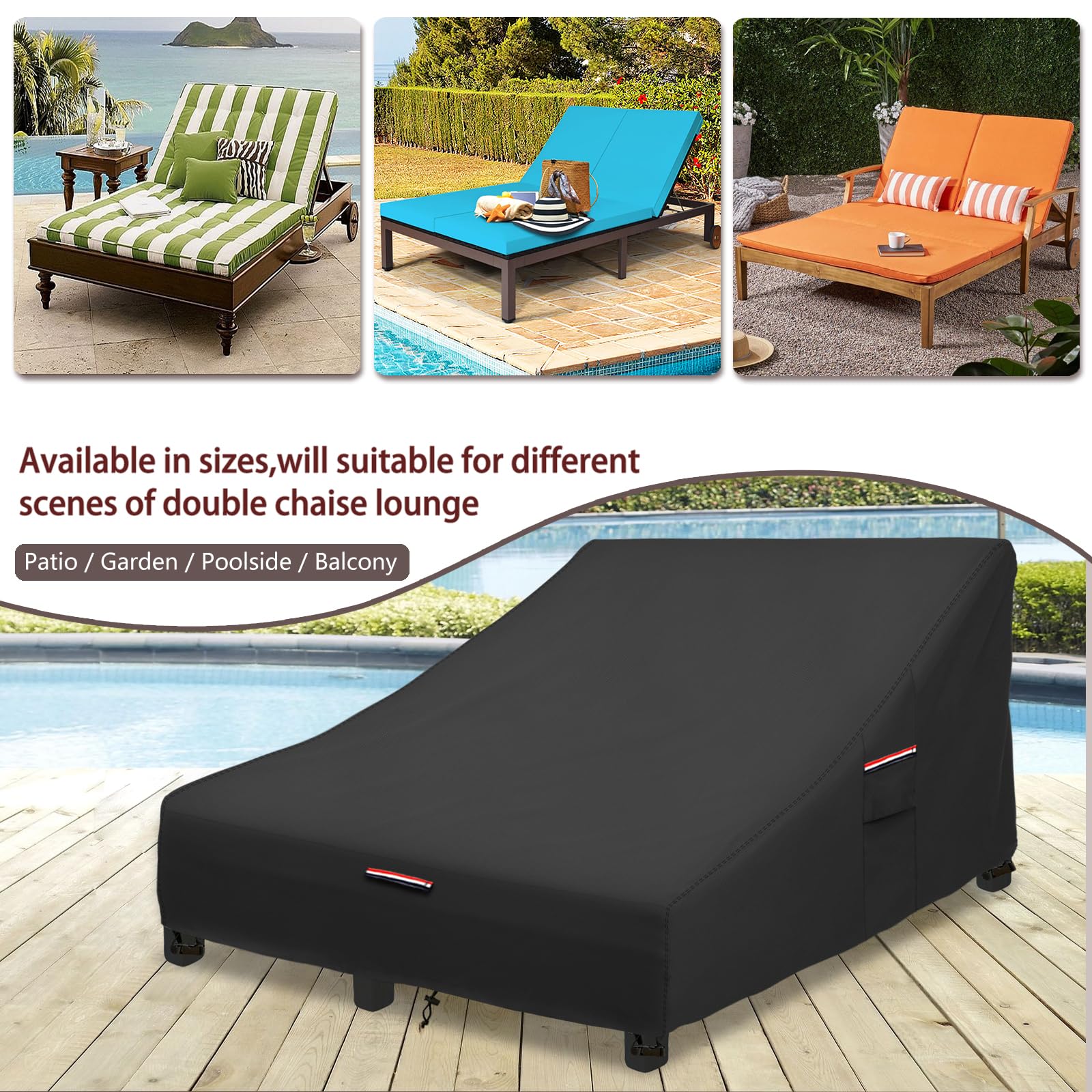 Okcool 100% Waterproof Patio Double Wide Chaise Lounge Chair Cover, 600D Tough Canvas 80 Inch Outdoor Chaise Lounge Covers,Black