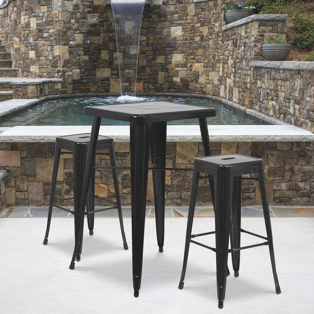 Flash Furniture Stone Commercial Grade 23.75" Square Blue Metal Indoor-Outdoor Bar Table Set with 2 Square Seat Backless Stools