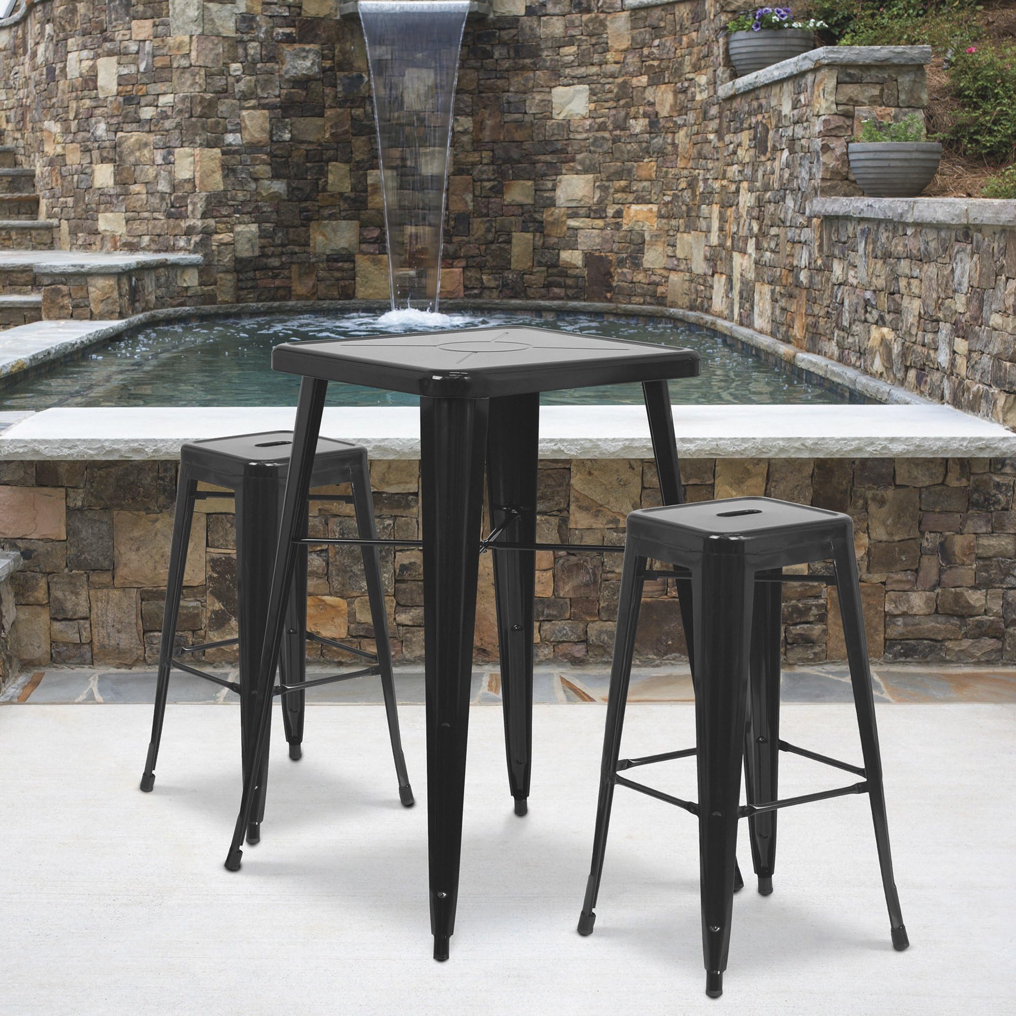 Flash Furniture Stone Commercial Grade 23.75" Square Blue Metal Indoor-Outdoor Bar Table Set with 2 Square Seat Backless Stools