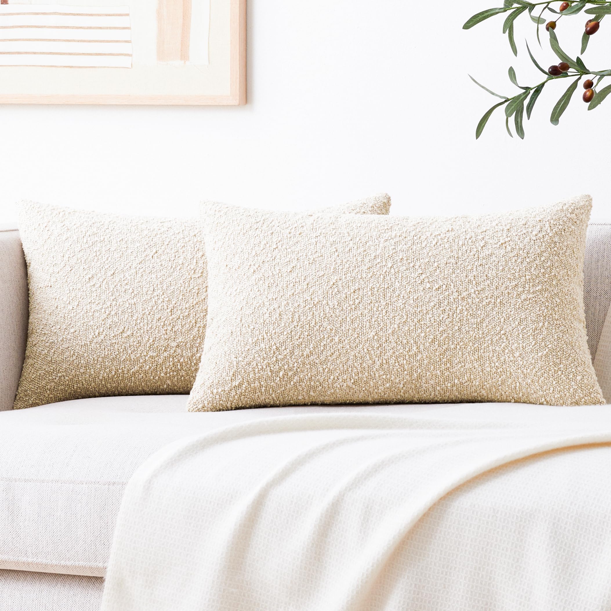 Mixhug Decorative Boucle Throw Pillow Covers, Beige, 12 X 20 Inches, Pack Of 2 - Neutral Textured Boho Pillow Covers For Couch A
