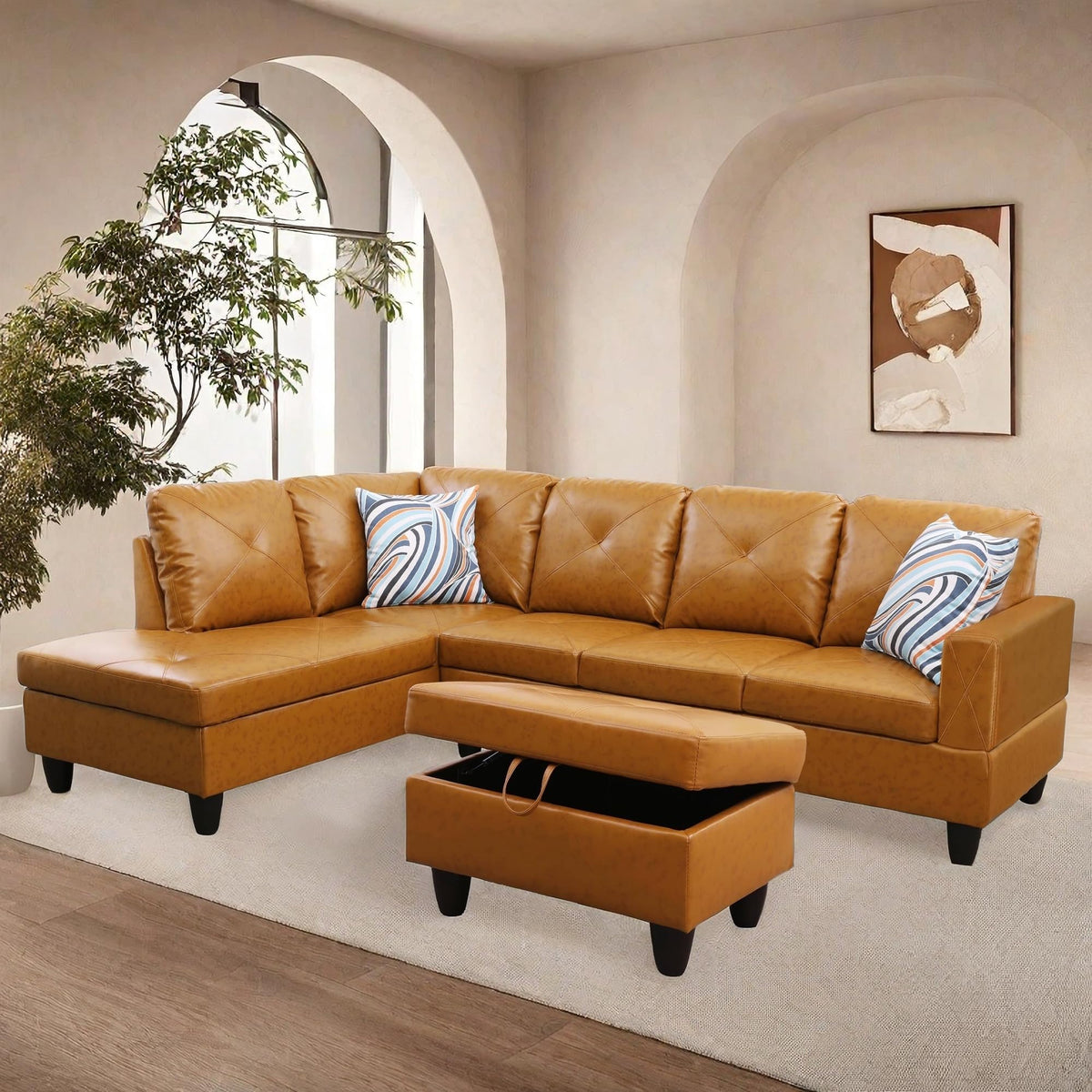 Chicfurnit L Shaped Sectional Couches, Lounge Modular Sectional Sofa With Ottoman Storage, Modern Comfy Leather L Shaped Couch F