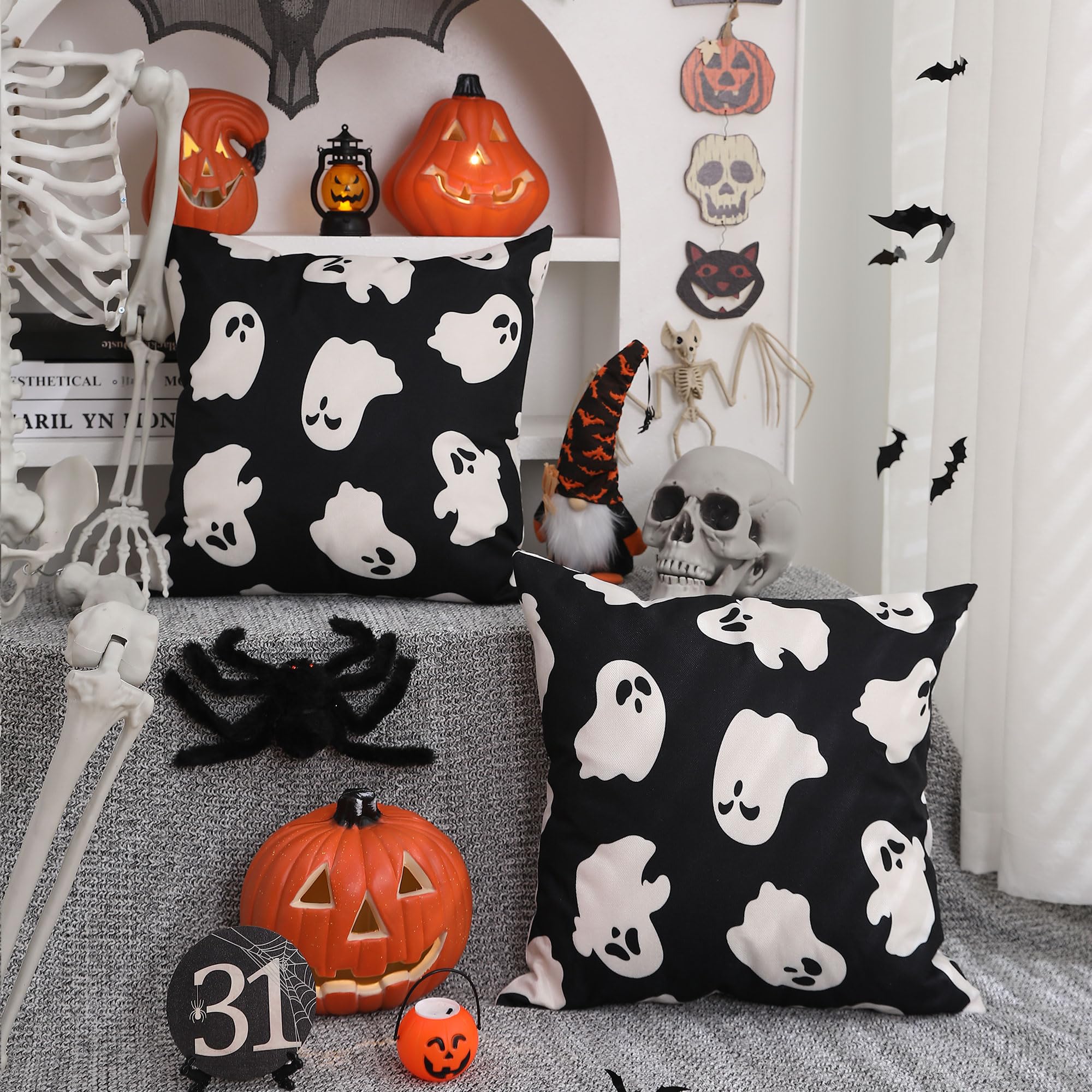 Dfxsz Halloween Pillow Covers 18X18 Inch Set Of 2 Happy Halloween White Ghost Decor Black Pillow Covers Happy Halloween Sofa Bed