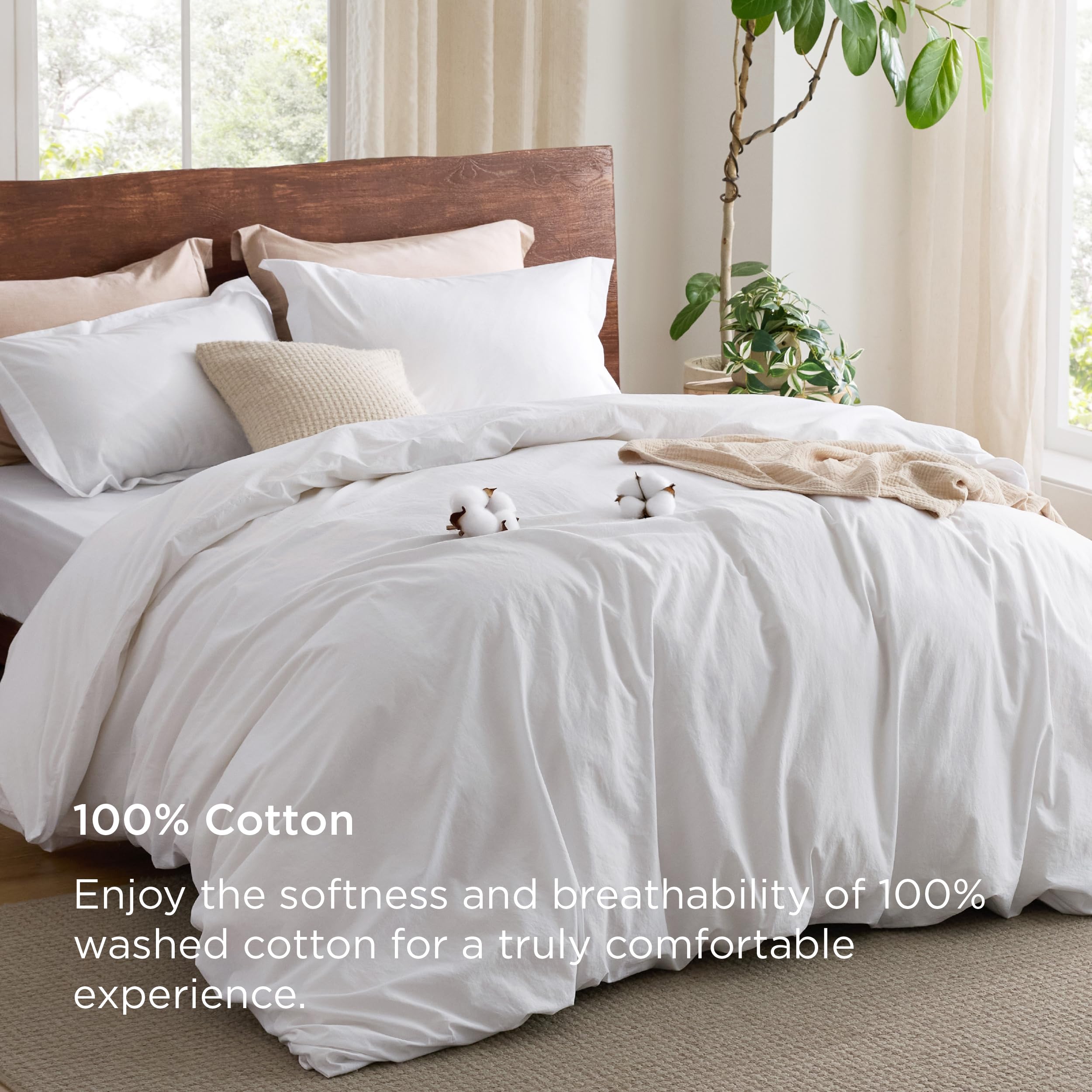 Bedsure 100% Washed Cotton Duvet Cover King - Bright White Minimalist Duvet Cover Linen Like - 3 Pieces Plain Simple Cotton Duvet Cover Set With 2 Pillow Shams (Bright White, King, 104'X90')