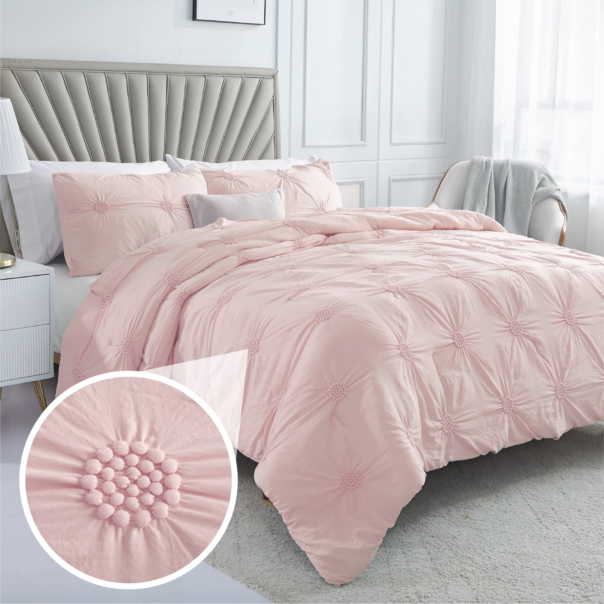 Swift Home Full/Queen Baby Pink Rose Blush Comforter Set - Ruched 3D Floral Pintuck Bedding Set - 3 Pieces Bed Linen, 1 Comforte