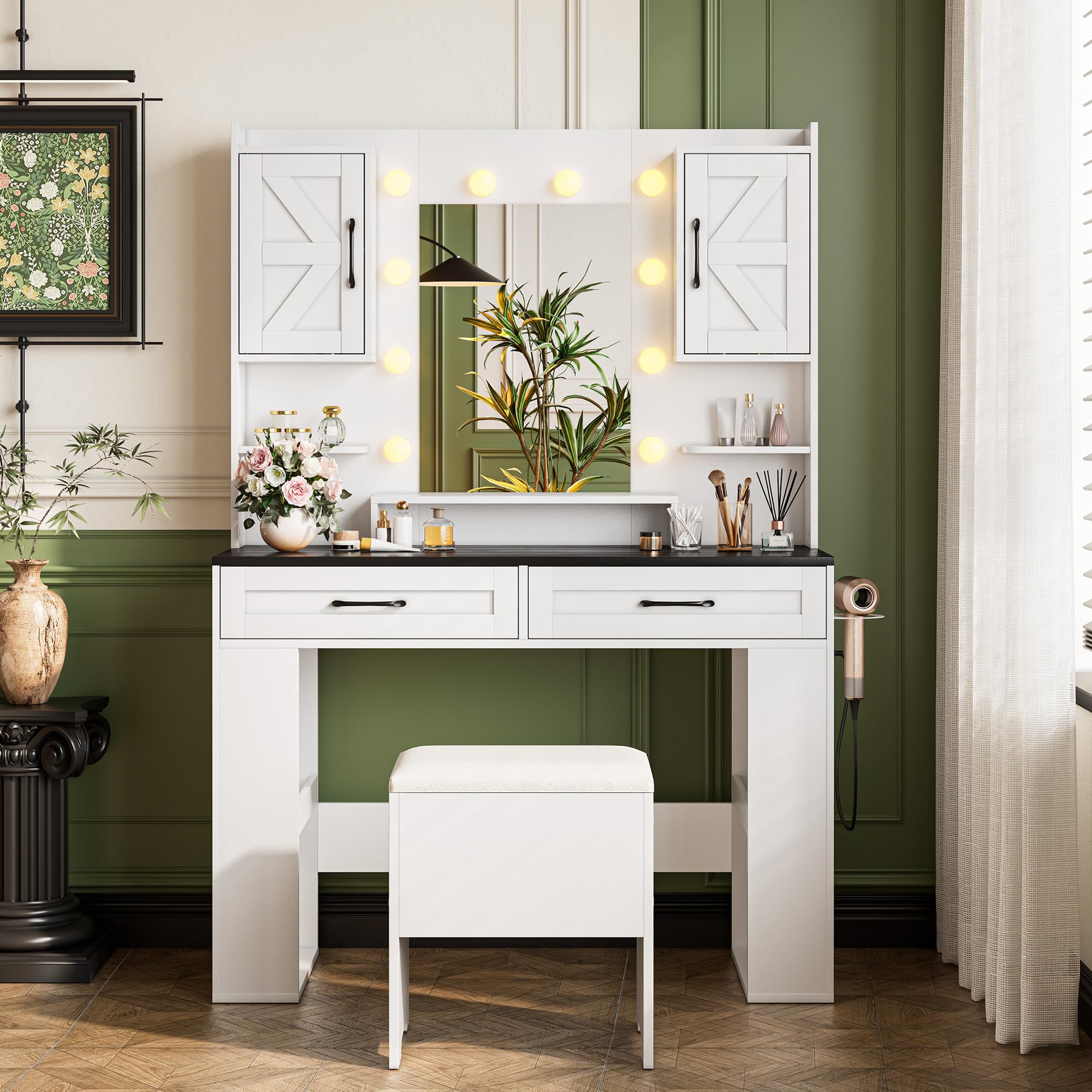 NUNU LAB Modern Makeup Vanity Desk with Mirror and Chair, Vanity Desk Set with Drawers, RGB Glass Cabinet and 3-Colour Lights, W