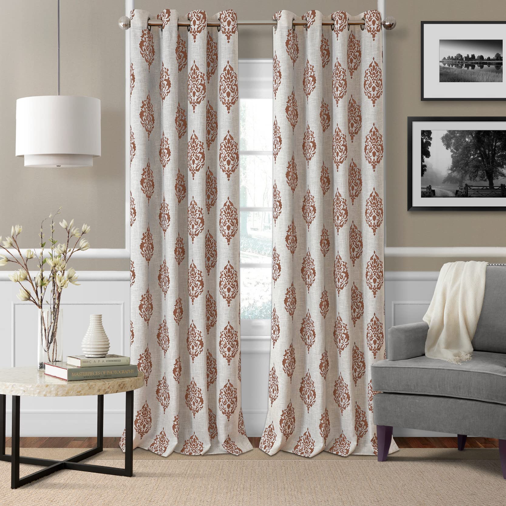 Elrene Home Fashions Navara Medallion Room-Darkening Window Curtain, Single Panel, 52'' x 95'' (1 Panel), Cinnamon Red