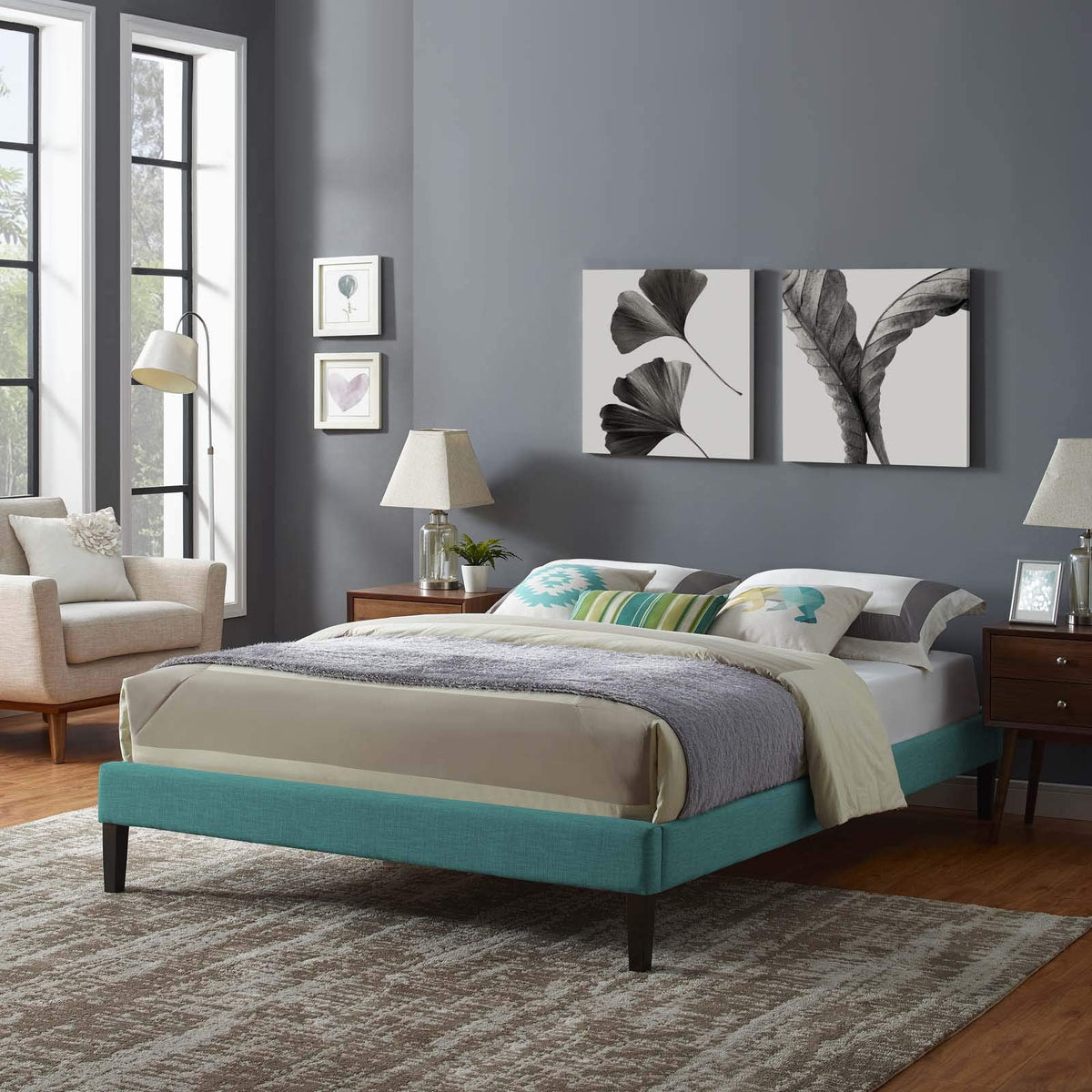 Modway Tessie Upholstered Queen Platform Bed Frame With Wood Slat Support In Teal