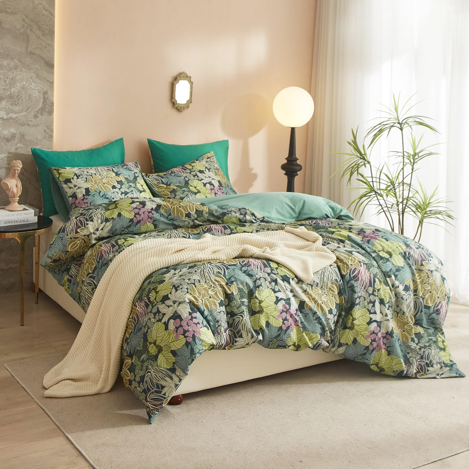 Mixinni Tropical Multicolored Leaves Print Duvet Cover 2 Pillowcases Botanical King Size Floral Duvet Cover Set Soft Cotton Bedd