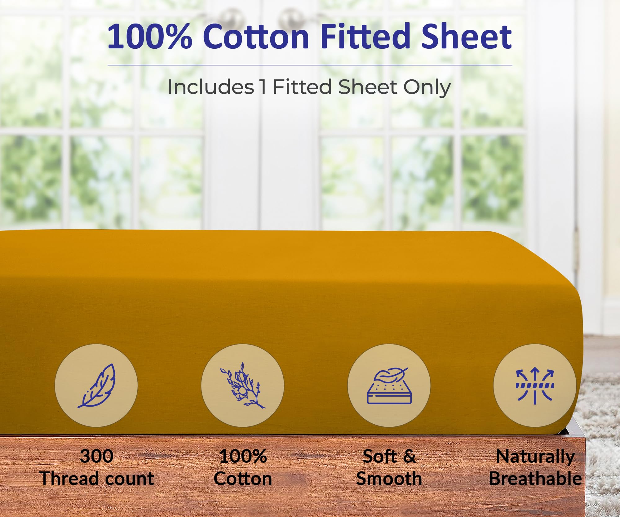 Royale Linens 300 Thread Count 100% Long Staple Combed Cotton Fitted Sheet - Super Soft Deep Pocket Bottom Sheet - Yellow Fitted