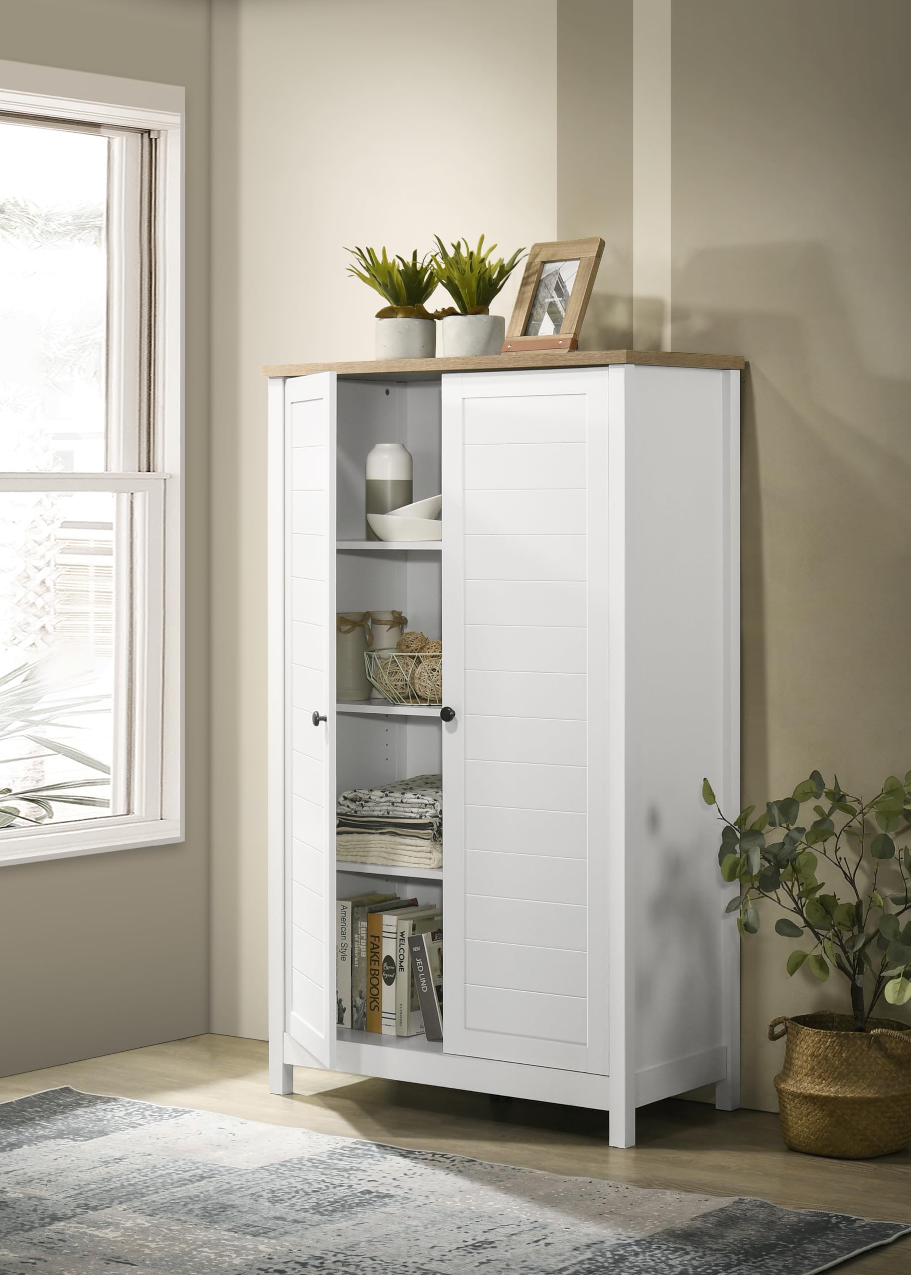 LILOLA LIVING Claire White Storage Cabinet with Oak Accent Finish and Framed Slatted Panel Design