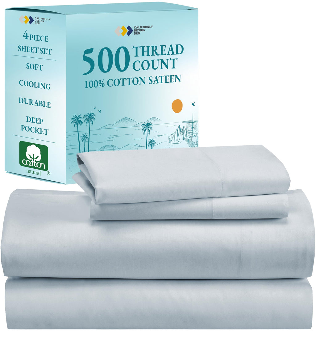 California Design Den - Finest Queen Cotton Sheet Set, Soft 100% Cotton Cooling Sheets Deep Pockets Set, Snug Fit Elastic, 500 T
