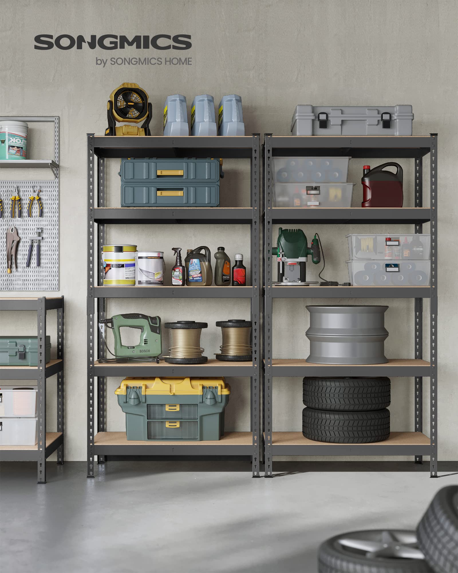 Songmics 5-Tier Storage Shelves, Set Of 2 Garage Storage, Boltless Assembly, Adjustable Shelving Units, 17.7 X 35.4 X 70.9 Inches, Load 1929 Lb Each, Shed Warehouse Basement, Gray Uglr450G02