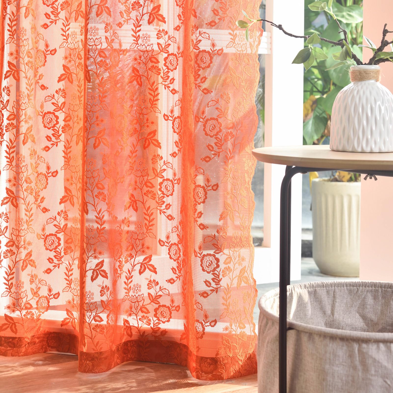 FINECITY Burnt Orange Sheer Curtains 96 Inches Long, Rustic Leaf Floral Pattern Autumn Sheer Curtains for Living Room, Rod Pocke