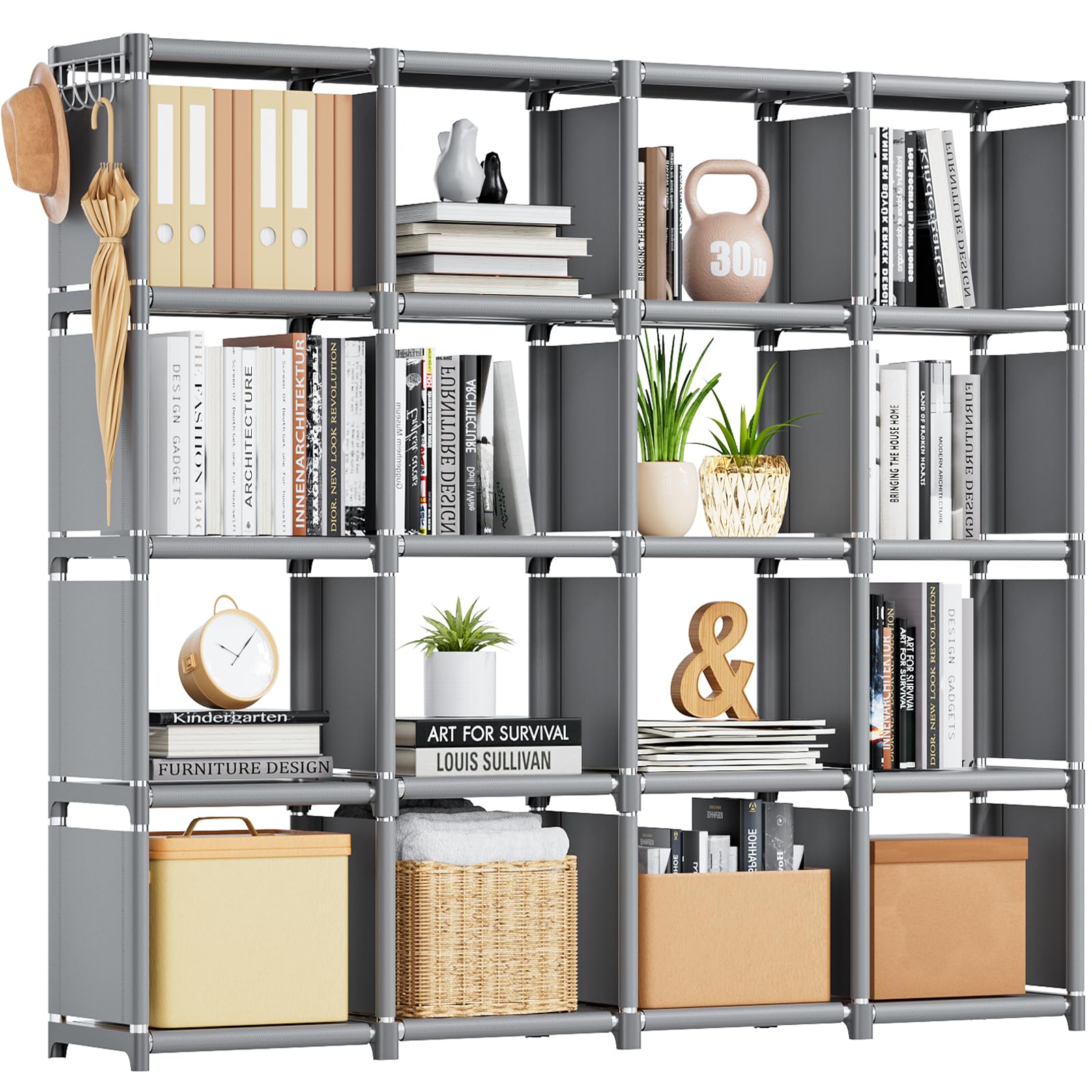 Mavivegue Book Shelf, 16 Cube Storage Organizer, Diy Bookcase, Metal Cube Bookshelf,Tall Book Case For Bedroom, Living Room,Office,Closet Storage Organizer, Grey Cubicle Storage Rack