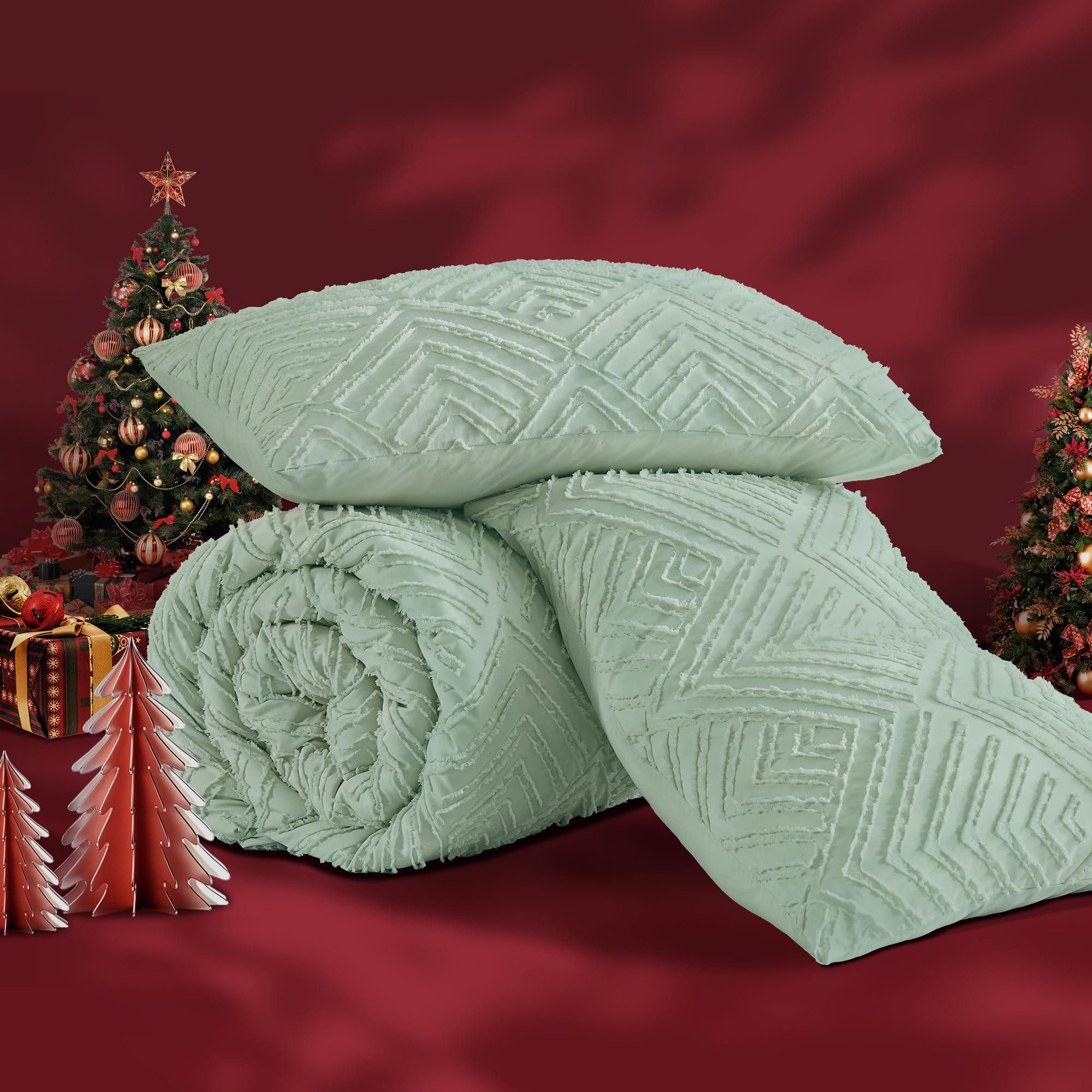 Andency King Comforter Set, Sage Green Boho Lightweight And Fluffy Bedding Set For King Bed, 3 Pieces Tufted Farmhouse Design For All Seasons (104X90Inches, 1 Comforter And 2 Pillow Shams)