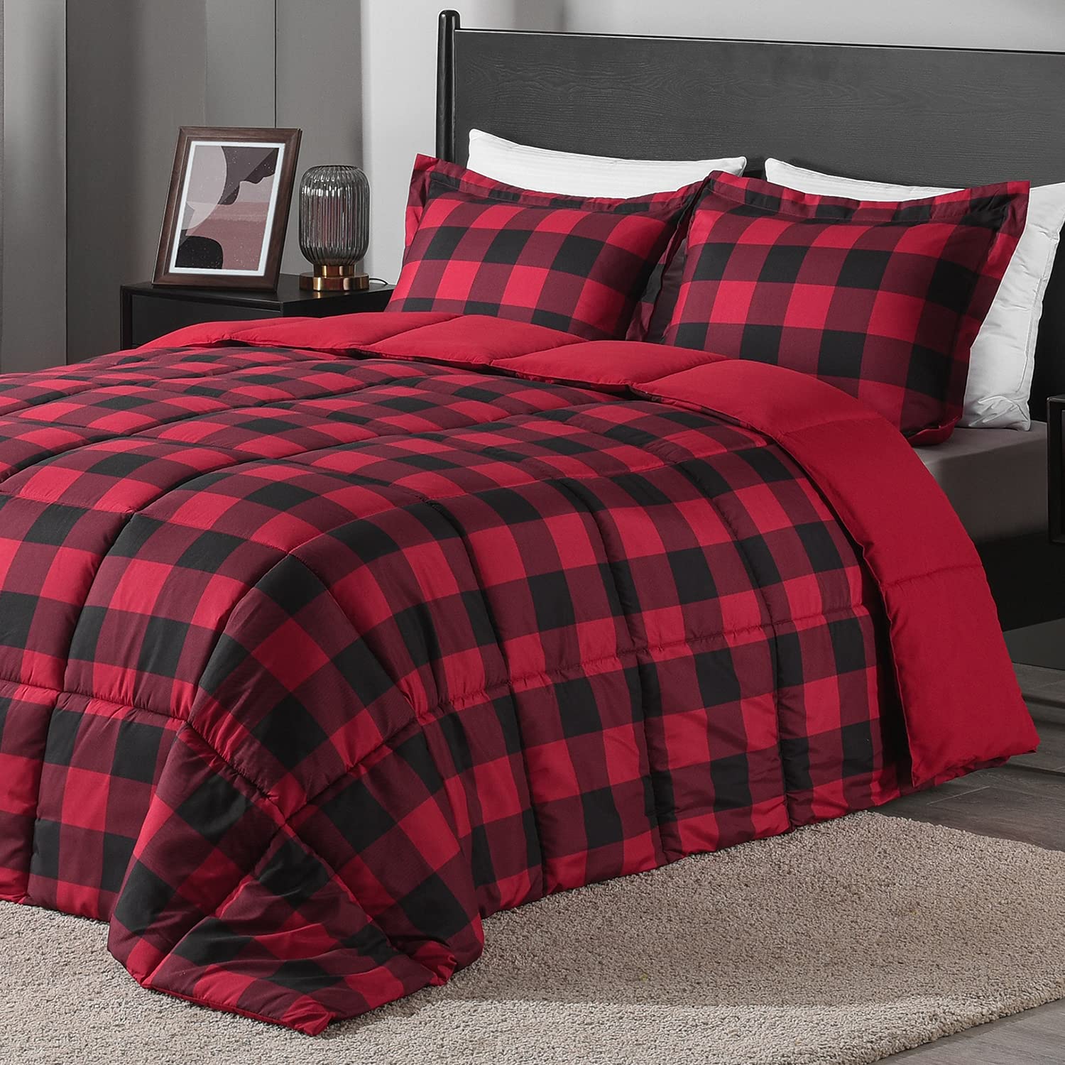 Downluxe Lightweight Plaid Comforter Set (Queen) With 2 Pillow Shams - 3-Piece Set - Red/Black Plaid - Down Alternative Reversib