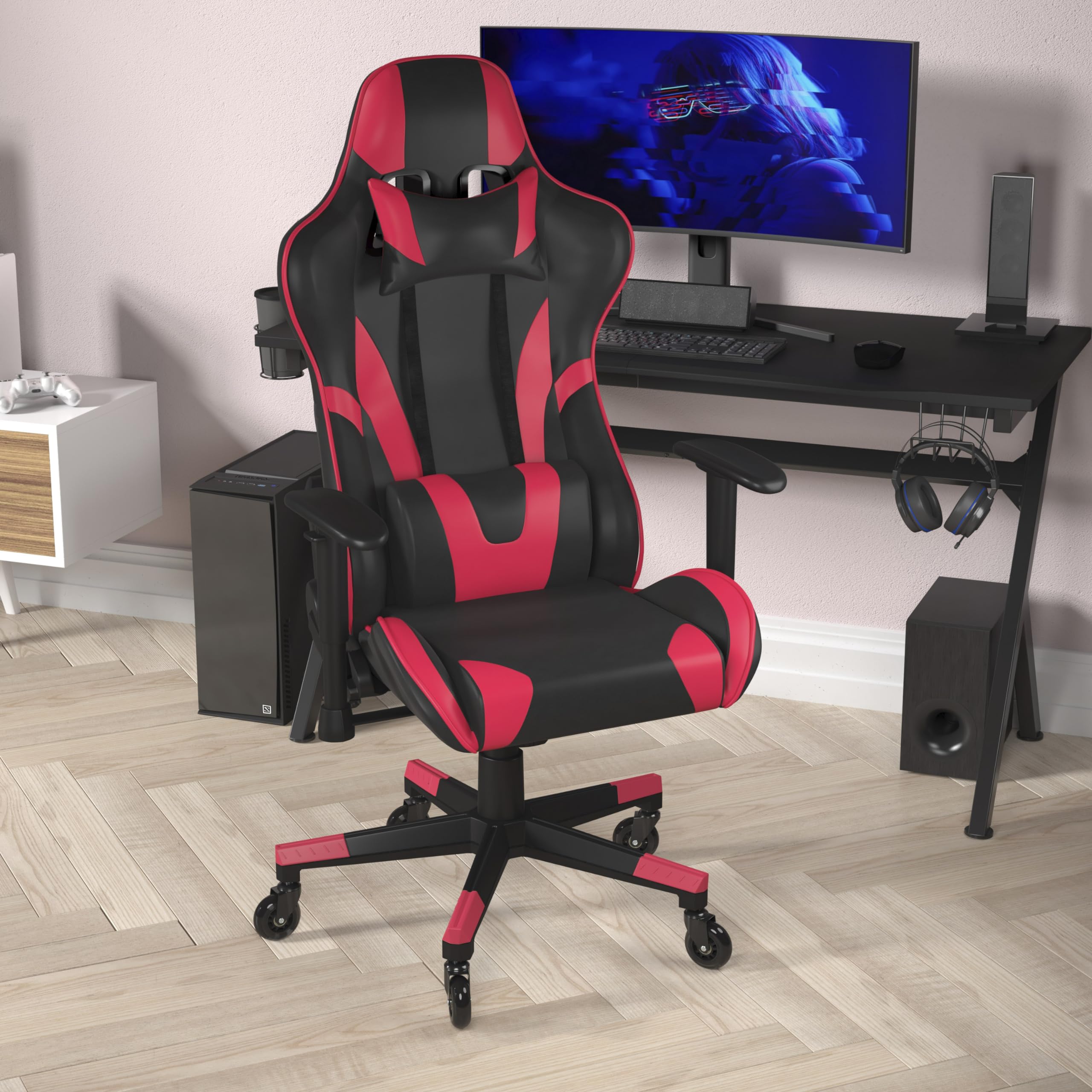 Flash Furniture X20 Gaming Chair Racing Office Computer PC Adjustable Chair - Red LeatherSoft Upholstery - Reclining Back - Roller Wheels