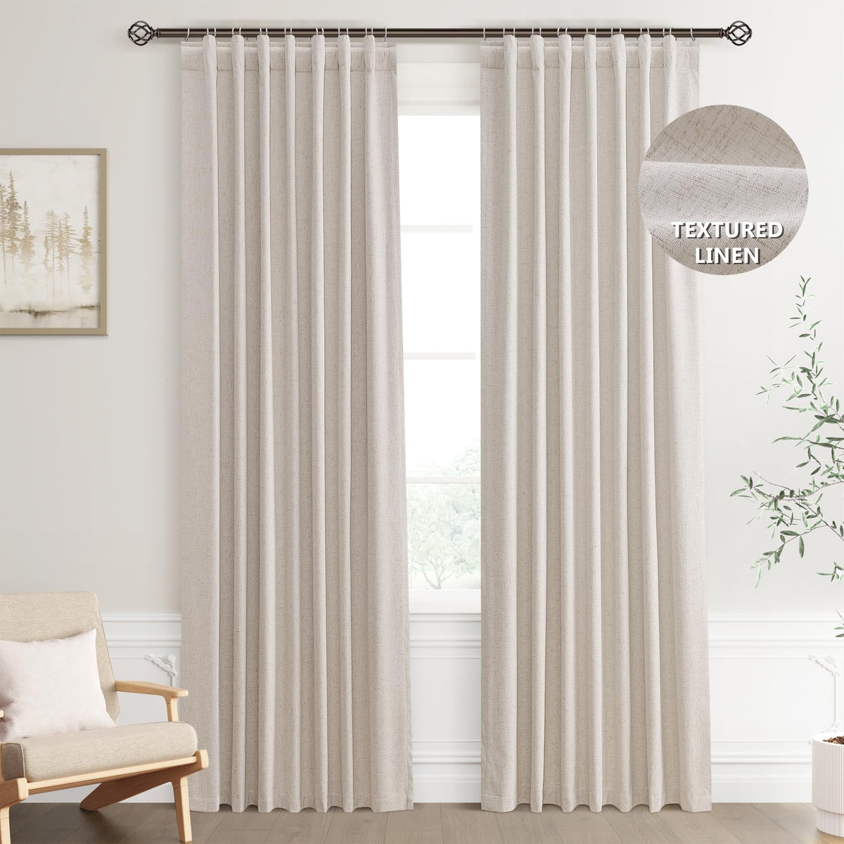 Joywell Sand Linen 100% Blackout Curtains 84 Inch Long, Rod Pocket/Back Tab/Hook Belt/Clip Rings,Thermal Insulated Drapes For Bedroom Living Room Ivory With Hooks(2 Panels,52 X 84,Sand Beige)