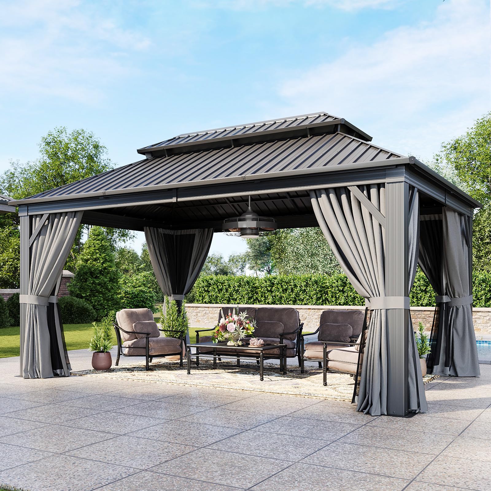 Aoxun 12'X16' Hardtop Gazebo, Aluminum Frame Canopy With Double Galvanized Steel Roof, Outdoor Metal Pavilion With Netting Curta