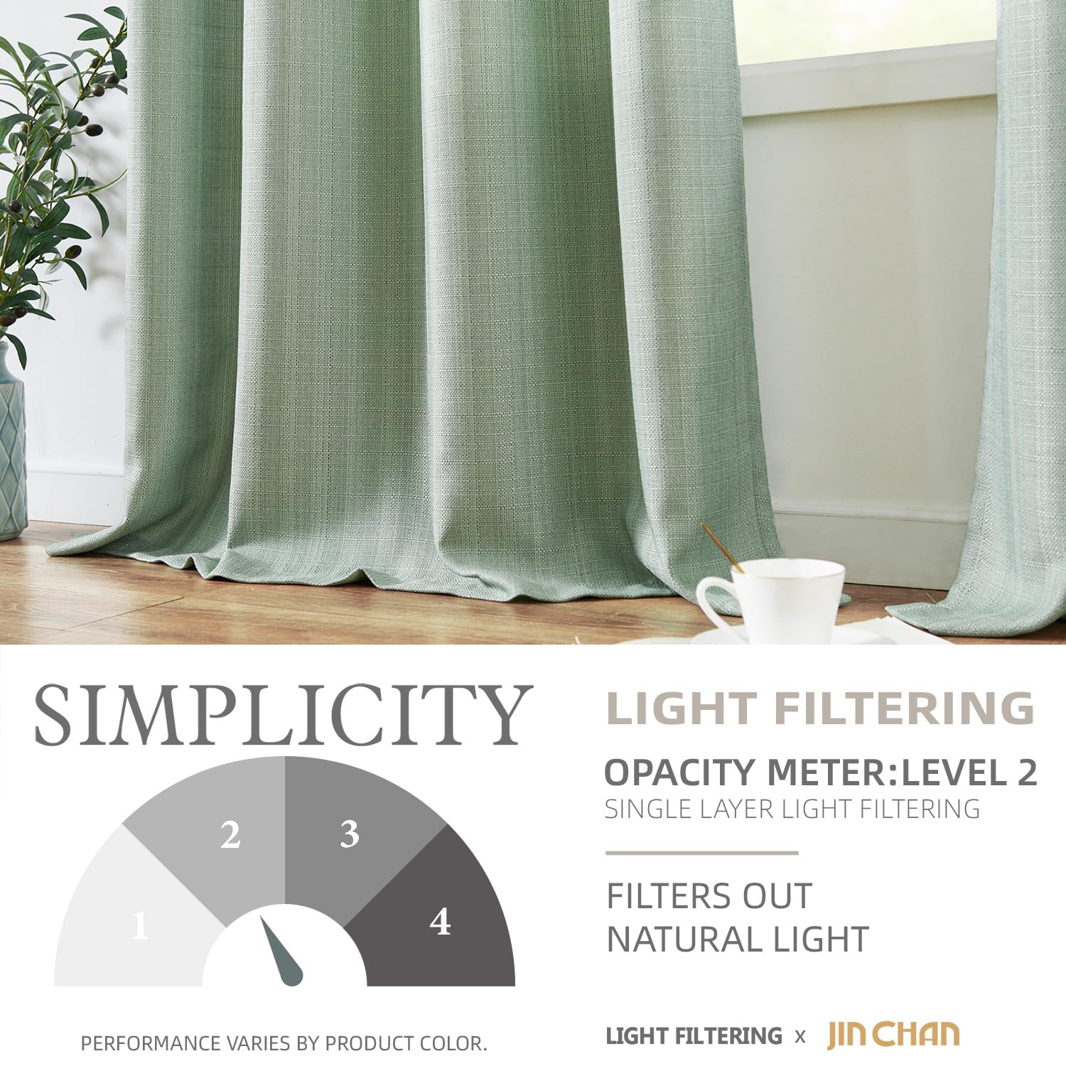 Jinchan Linen Textured Curtains 90 Inch Length Green Curtains For Living Room Farmhouse Country Curtains Casual Weave Back Tab D