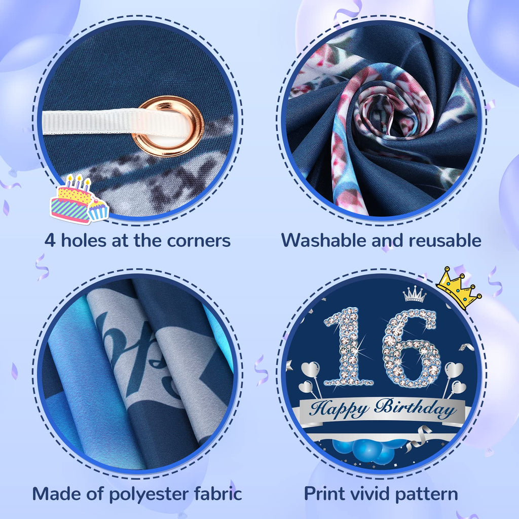 Blue Silver Happy 16Th Birthday Decorations For Boys Girls Blue Silver Happy 16Th Birthday Banner Blue Silver 16Th Birthday Part