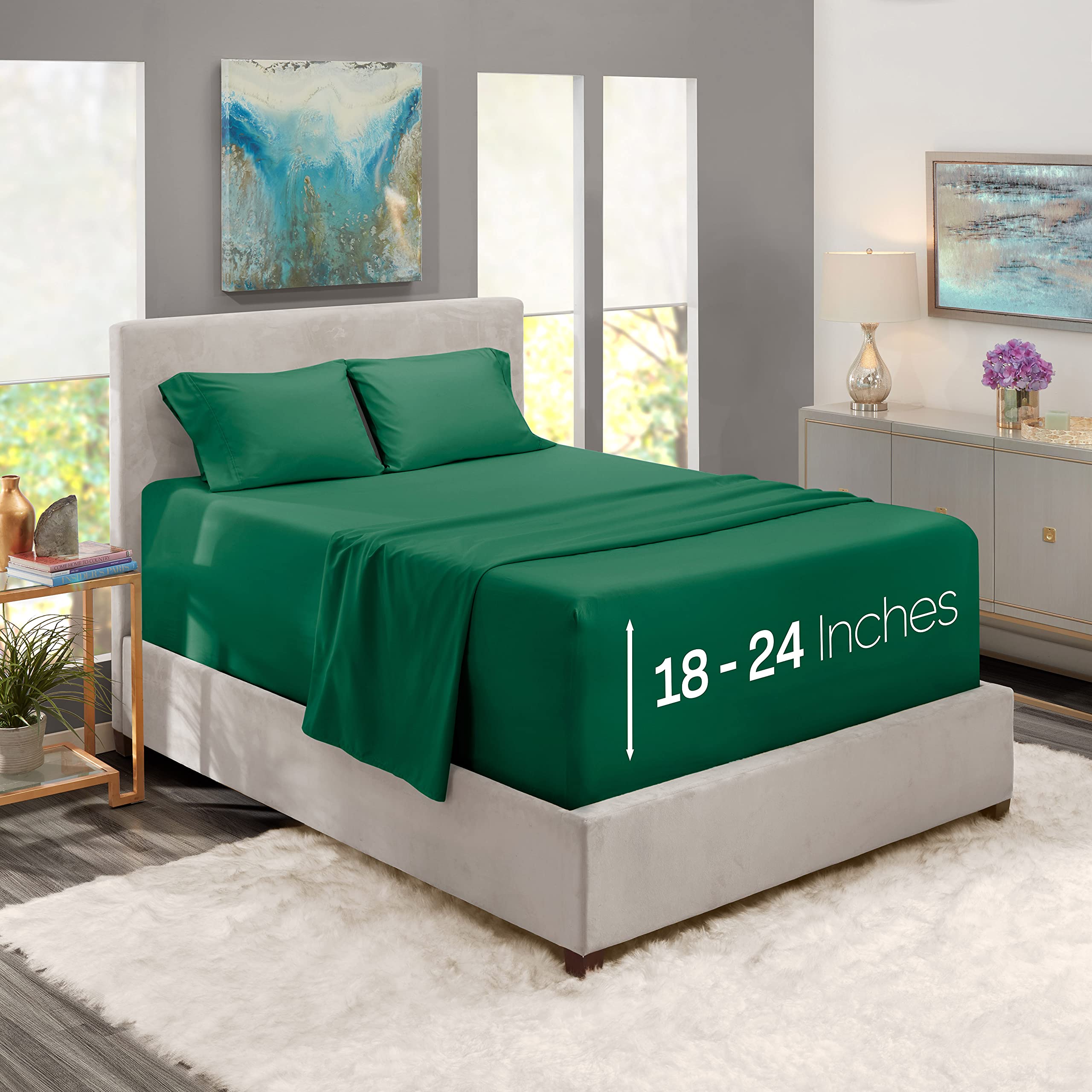 Nestl Extra Deep Pocket Sheets - Fits Mattress 18-24 Inches Deep, Extra Deep Pocket Twin Xl Sheets Sets, 4 Piece Twin Xl Size Sheets, Twin Xl Sheets Deep Pocket, Hunter Green Sheets