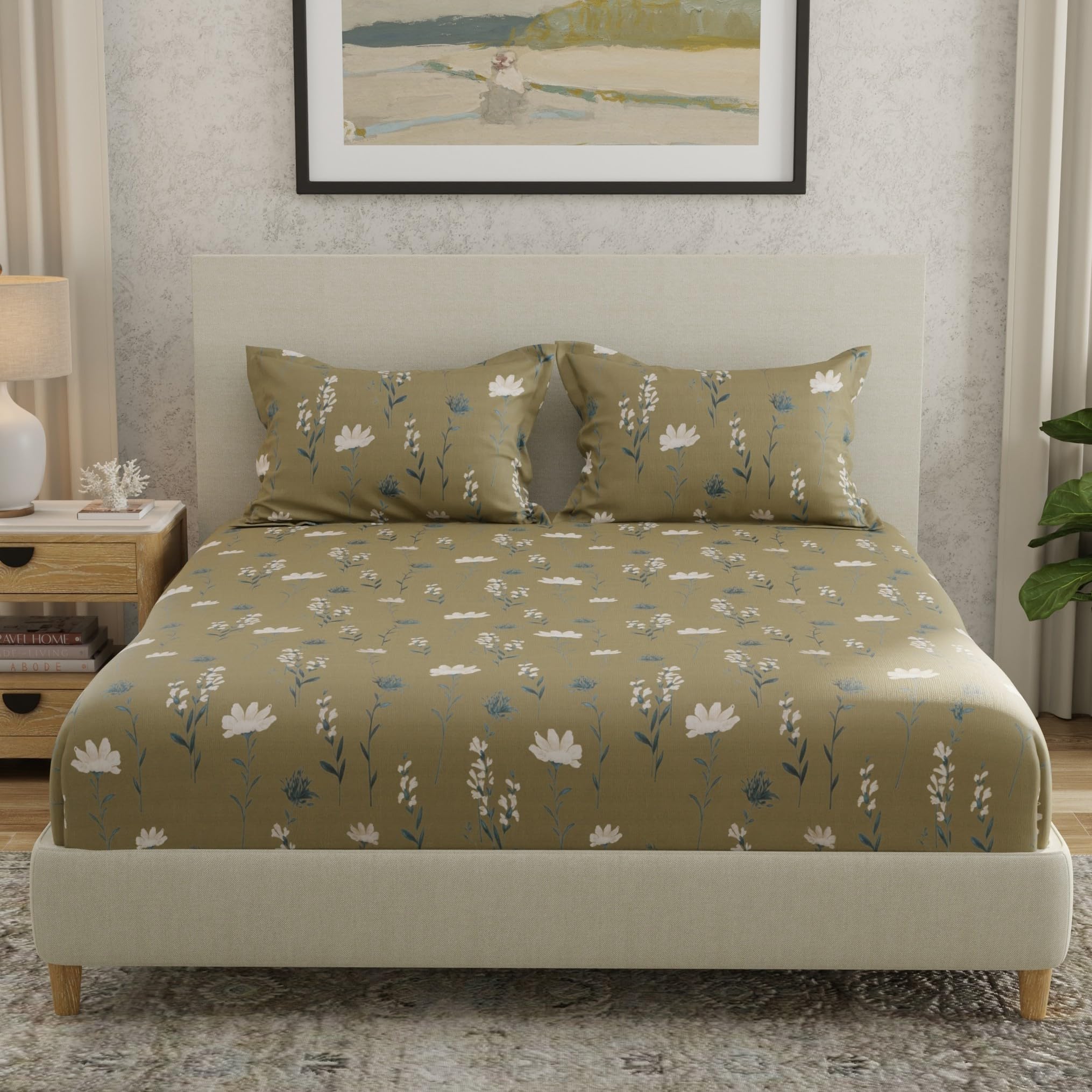 Huesland By Ahmedabad Cotton 144 Tc Cotton Bedsheet For Double Bed King Size With 2 Pillow Covers | Olive Green, White & Grey