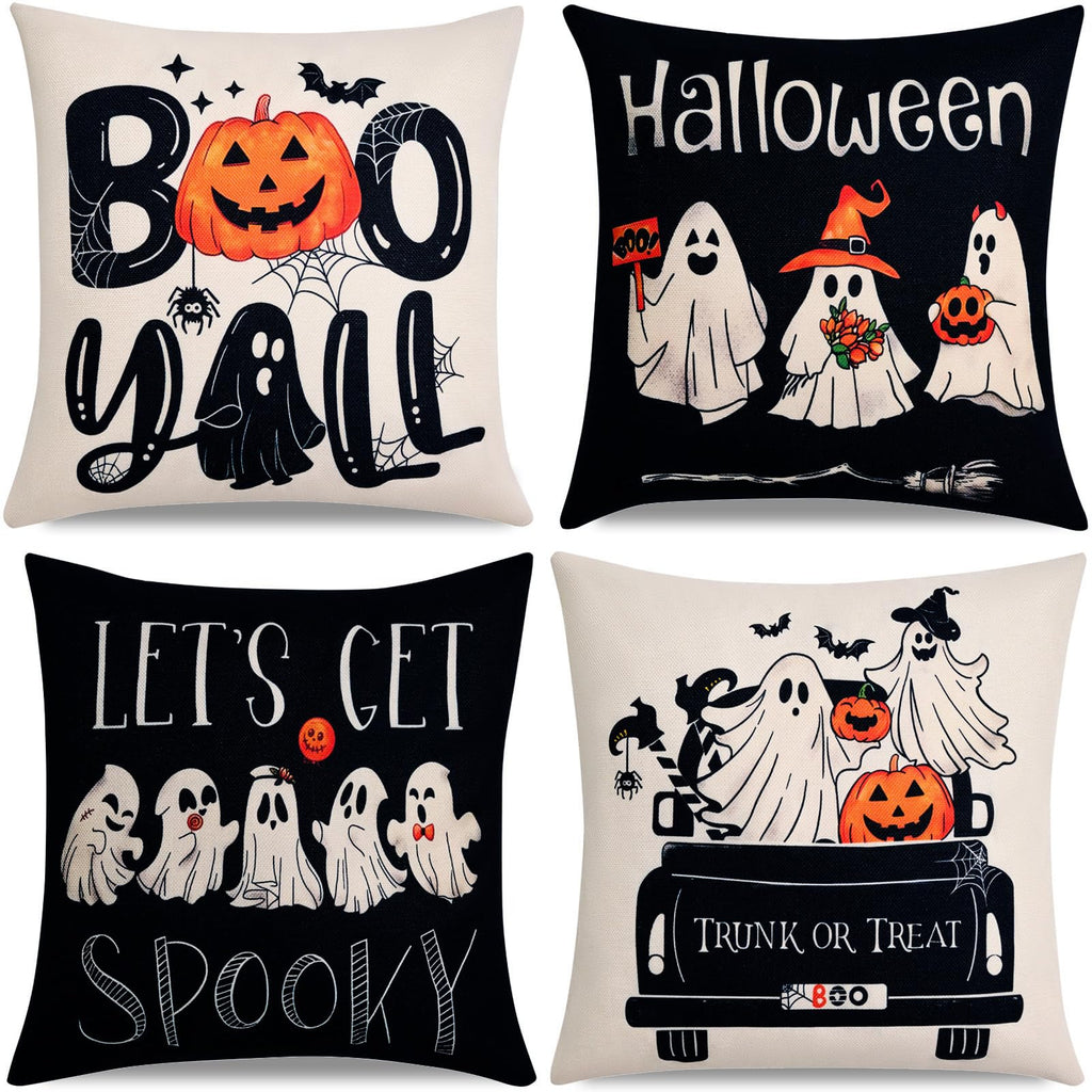 Hongsome Ghost Halloween Decor-Throw Pillow Covers 18x18in Set of 4,Spooky Gothic Linen Pillow Case for Couch Fall Christmas Hol