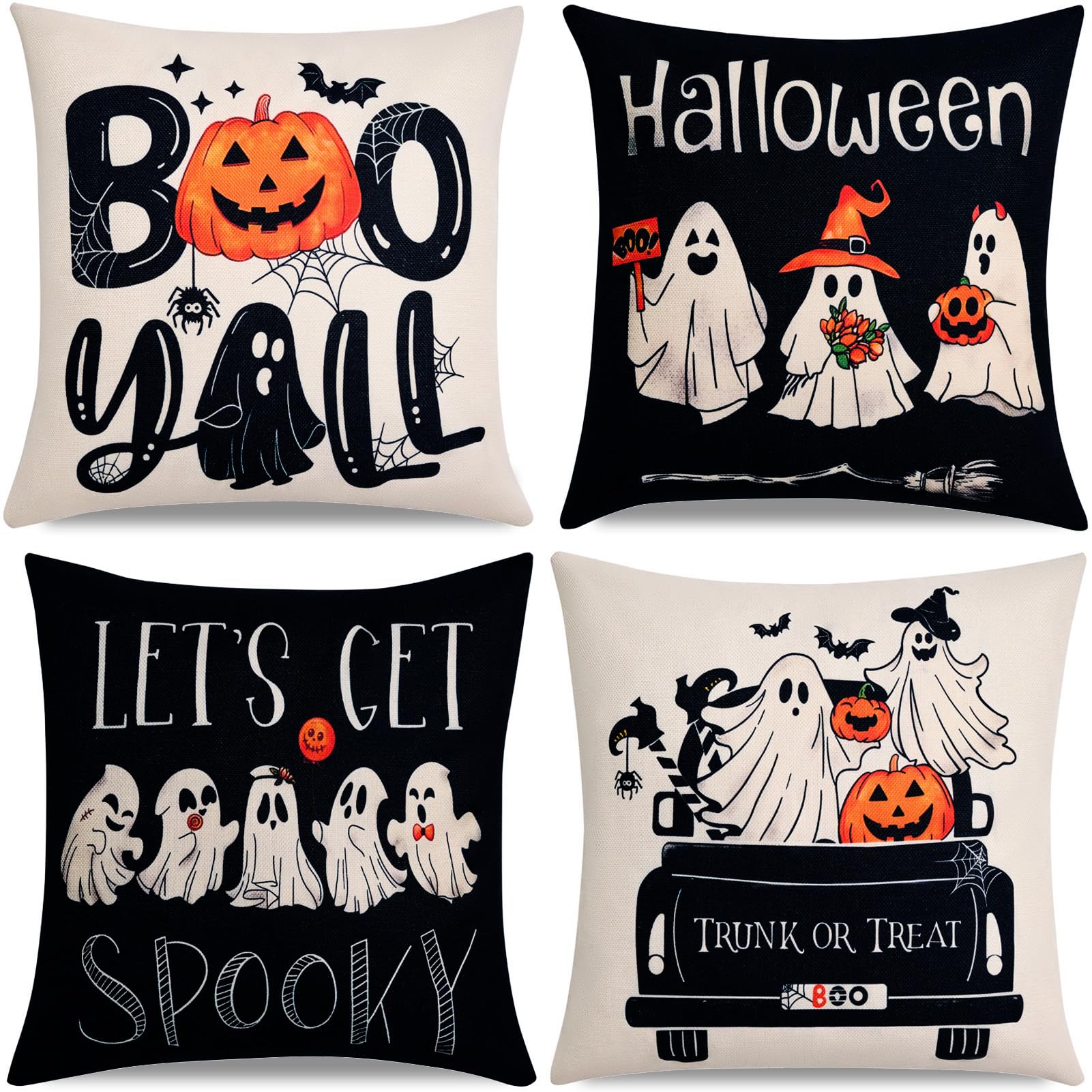 Hongsome Ghost Halloween Decor-Throw Pillow Covers 18x18in Set of 4,Spooky Gothic Linen Pillow Case for Couch Fall Christmas Hol