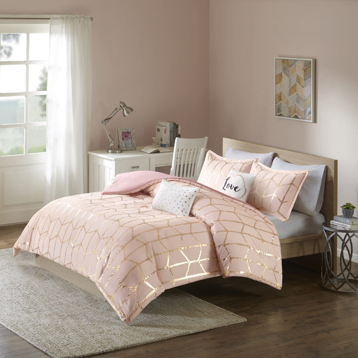 Intelligent Design Raina Duvet Set Metallic Print Geometric Style Embroidered Toss Pillows Modern Trendy All Season Comforter Co