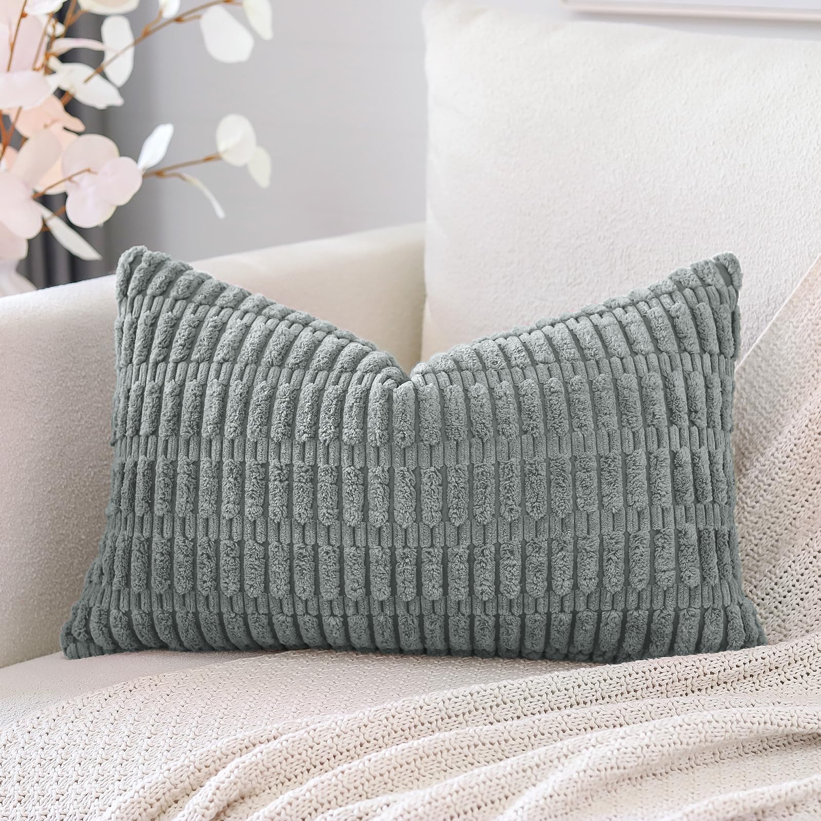 Otostar Corduroy Decorative Throw Pillow Covers 12X20 Inch Super Soft Boho Striped Rectangle Pillow Covers Case Modern Cushion Covers For Sofa Couch Bedroom Car Decor Grey