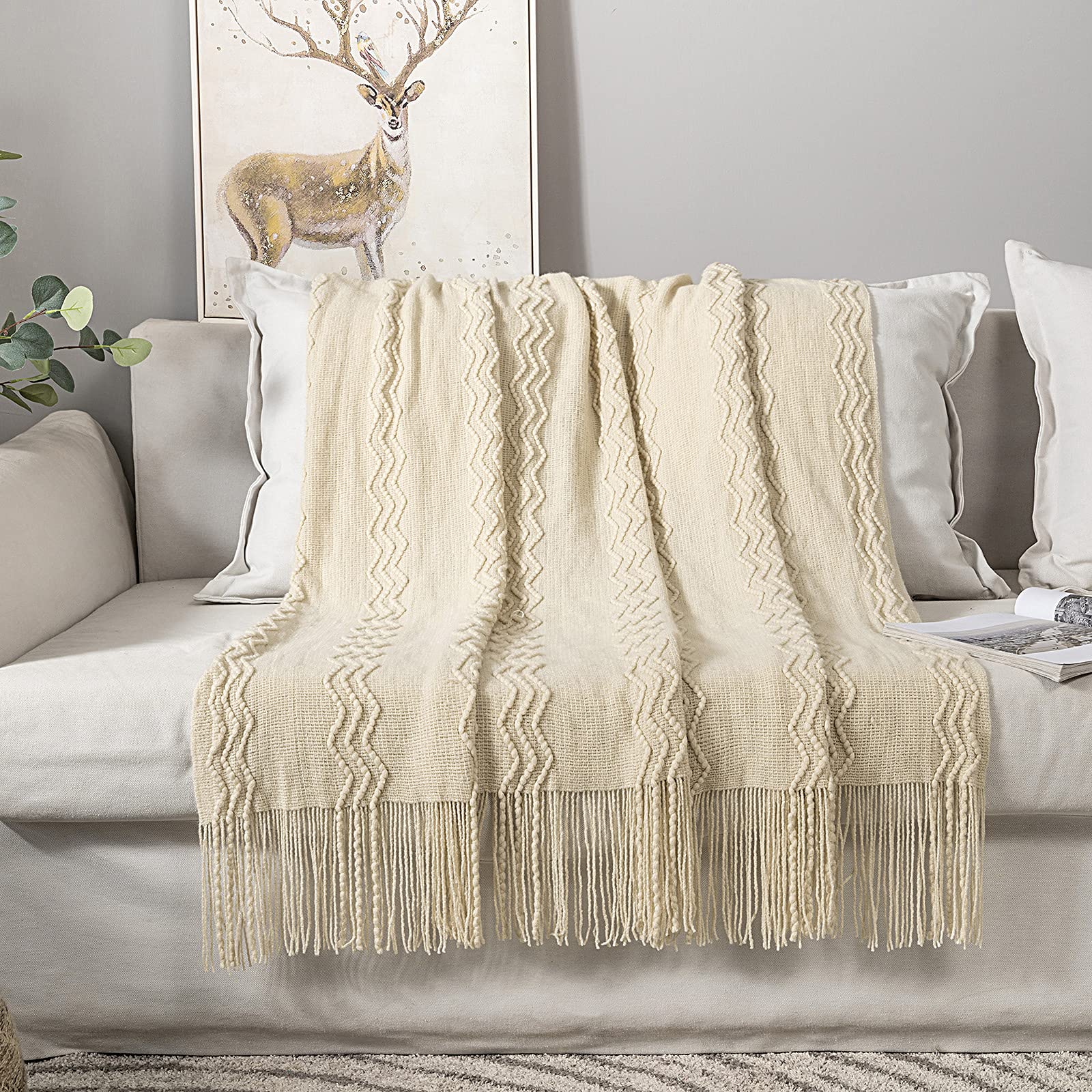 Miulee Knitted Beige Throw Blanket Soft Sofa Knit Blanket For Couch 50 X 60 Inches, Solid Cozy Lightweight Wave Pattern Decorative Blankets With Tassels For Women, Kids And Babys