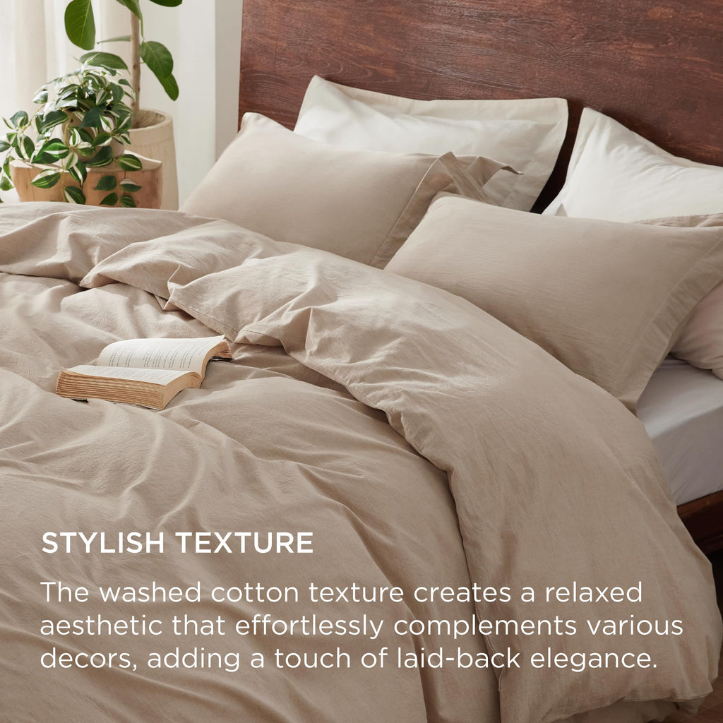 Bedsure 100% Washed Cotton Duvet Cover King Size - Warm Sand Minimalist Duvet Cover Linen Like - 3 Pieces Gentlesoft™ Plain Simple Cotton Bedding Set With 2 Pillow Shams (Warm Sand, King, 104'X90')