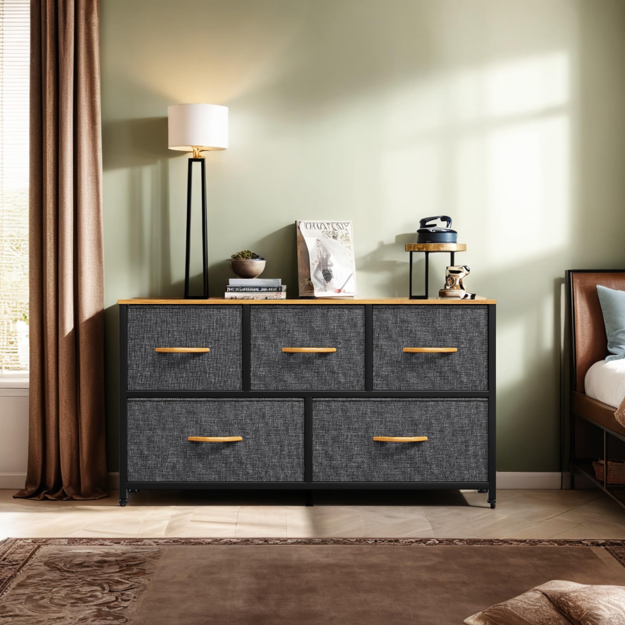 Yitahome Dresser With 5 Drawers - Fabric Storage Tower, Organizer Unit For Bedroom, Living Room, Closets & Nursery - Sturdy Steel Frame, Wooden Top (5 Wider Drawers Cool Grey)