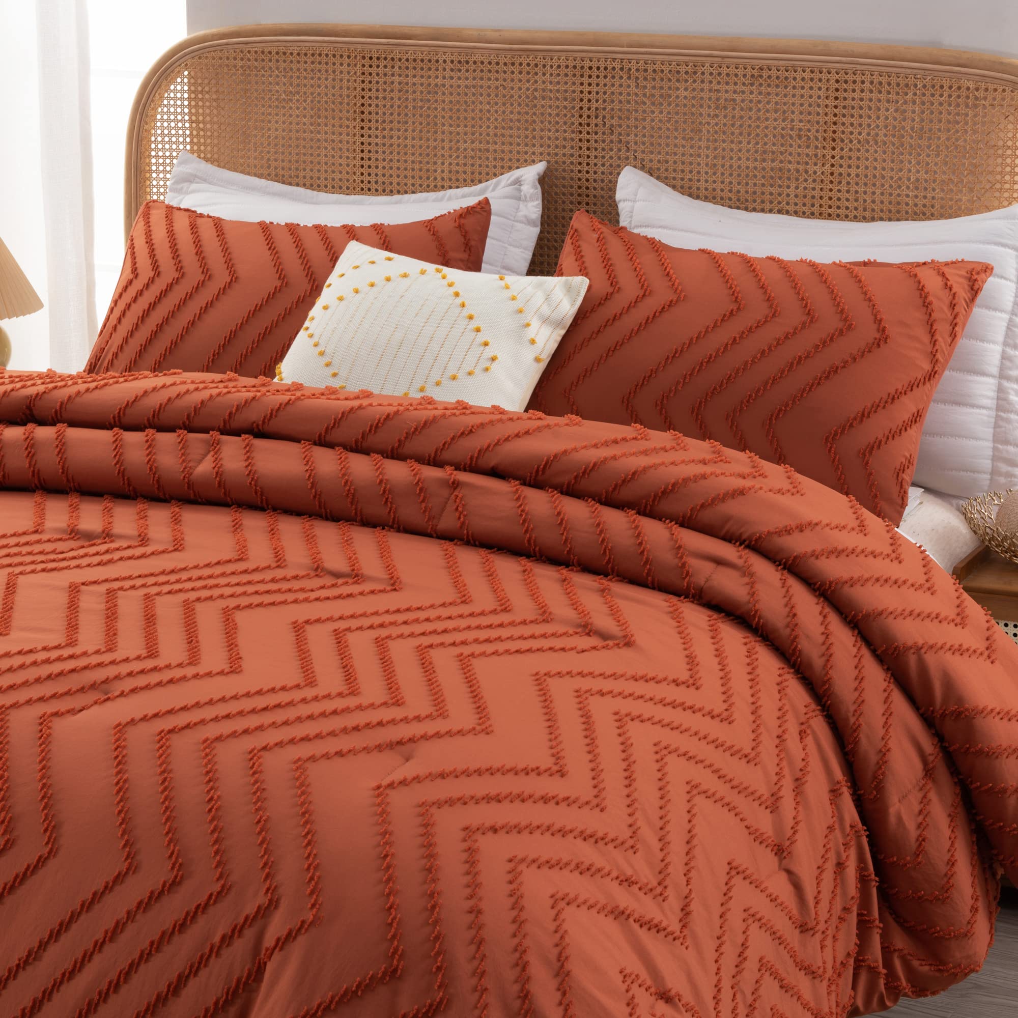 Litanika Comforter California King Size Set Burnt Orange, 3 Pieces Terracotta Rust Cal King Oversized Chevron Tufted Solid Beddi