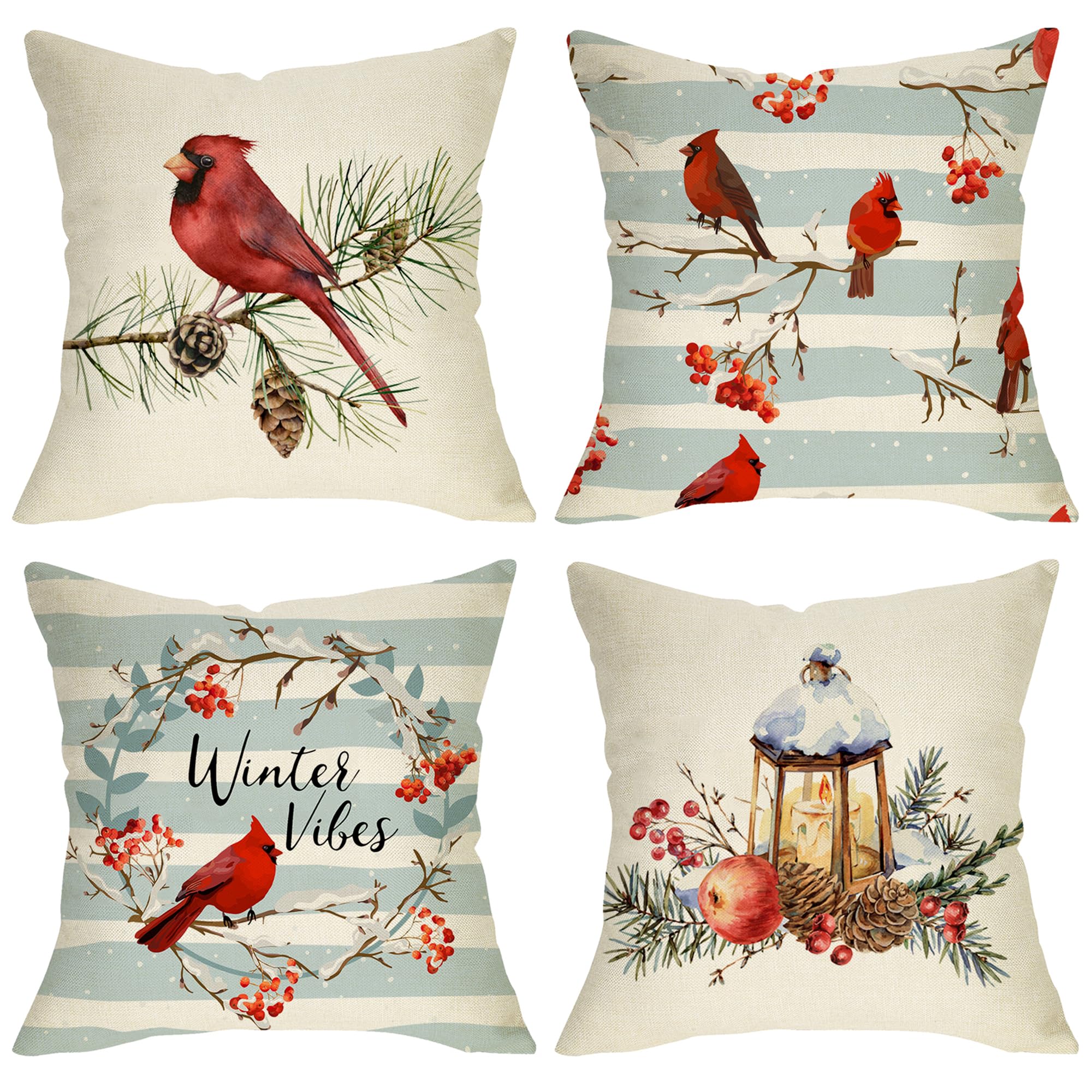 Fjfz Winter Vibes Cardinal Red Birds Decorative Throw Pillow Cover 18X18 Set Of 4, Berry Wreath Pine Cones Kerosene Lamp Home Ch