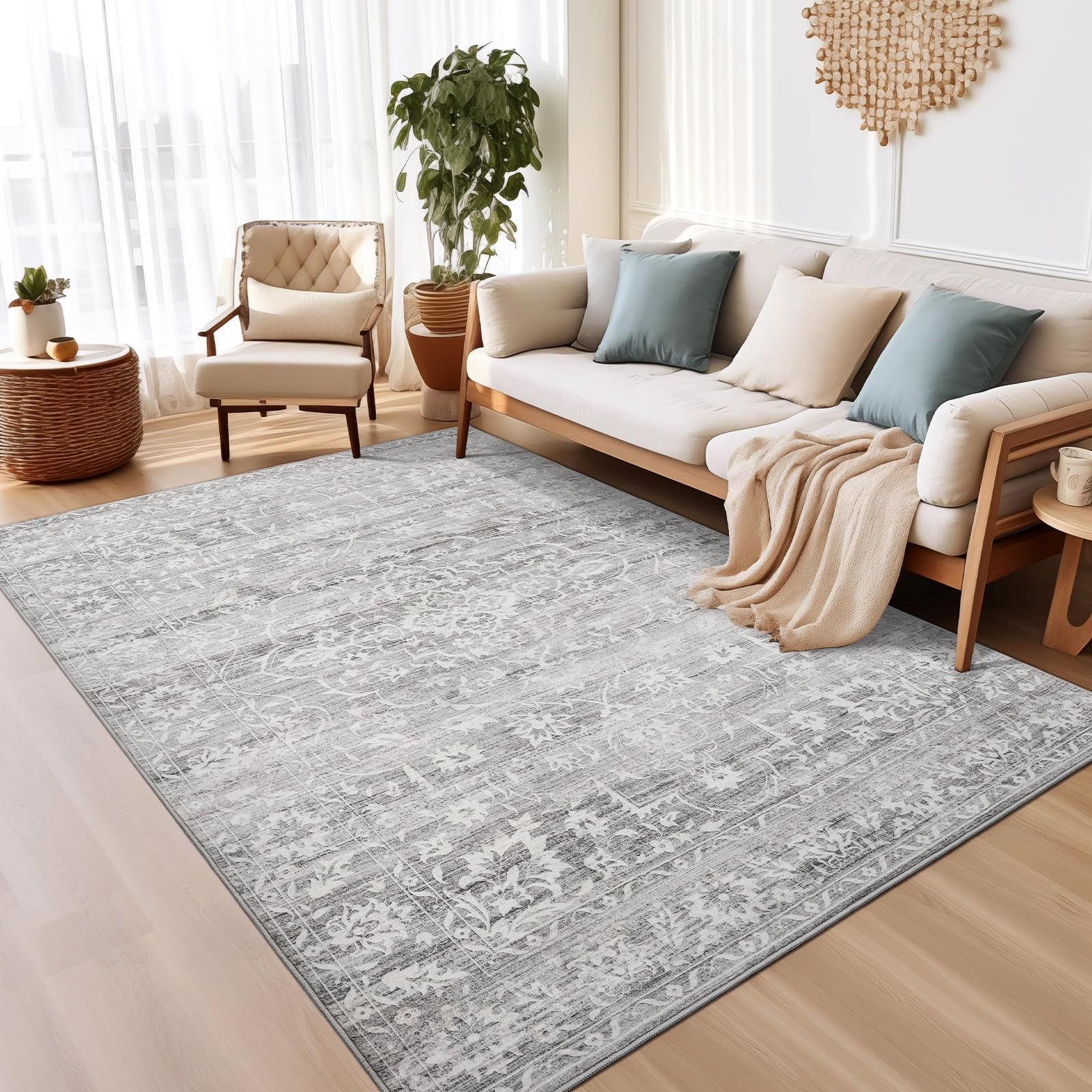 Soalmost Area Rugs 5x7 for Living Room, Floral Washable Rugs for Dining Room, Bedroom, Vintage Non-Slip Gray Thin Area Rug(Grey,