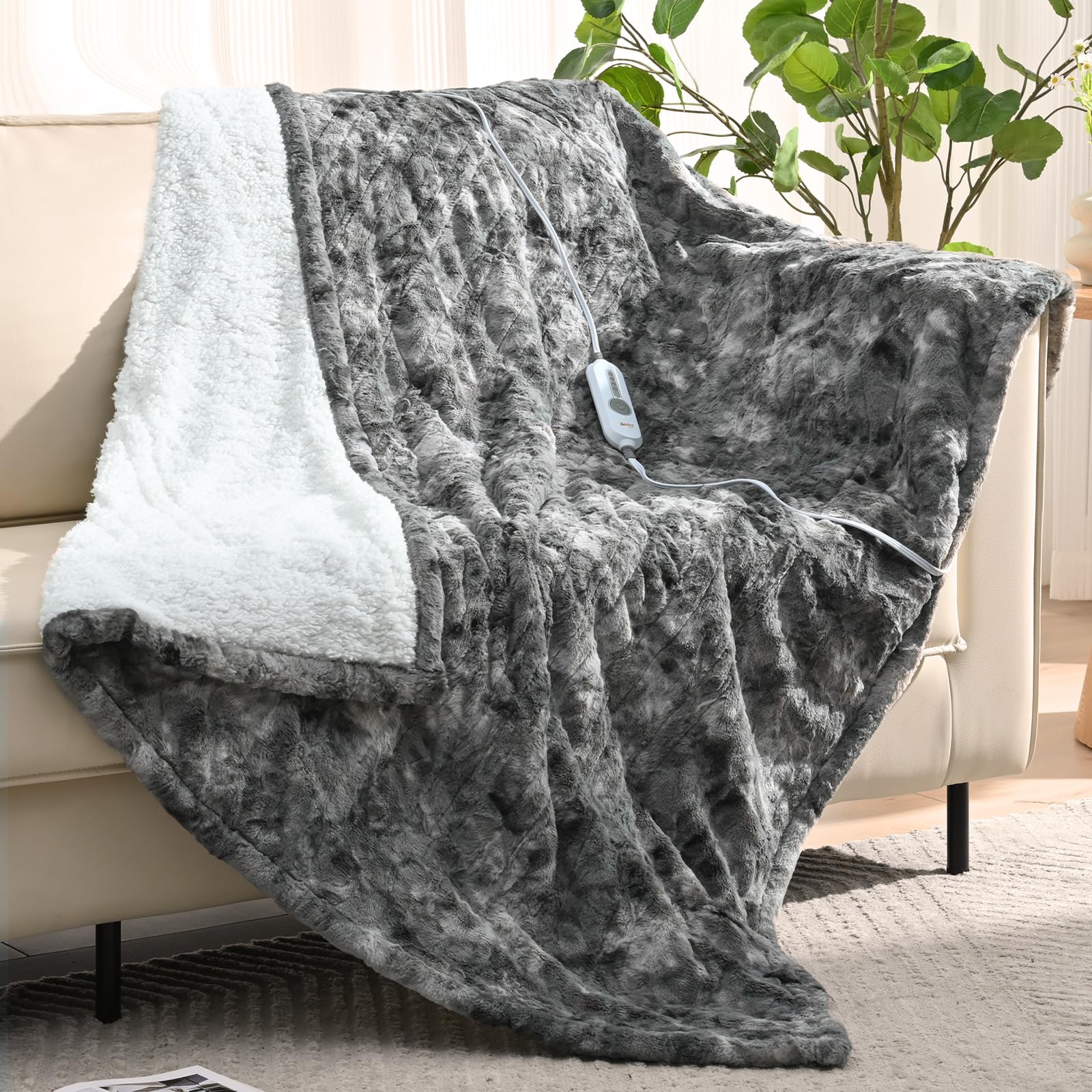 Bearhug Heated Throw Blanket, 50'  60' Electric Blankets, Faux Fur & Warm Sherpa Dual-Sided, 4H Auto-Off Timer & 4 Heating Lev