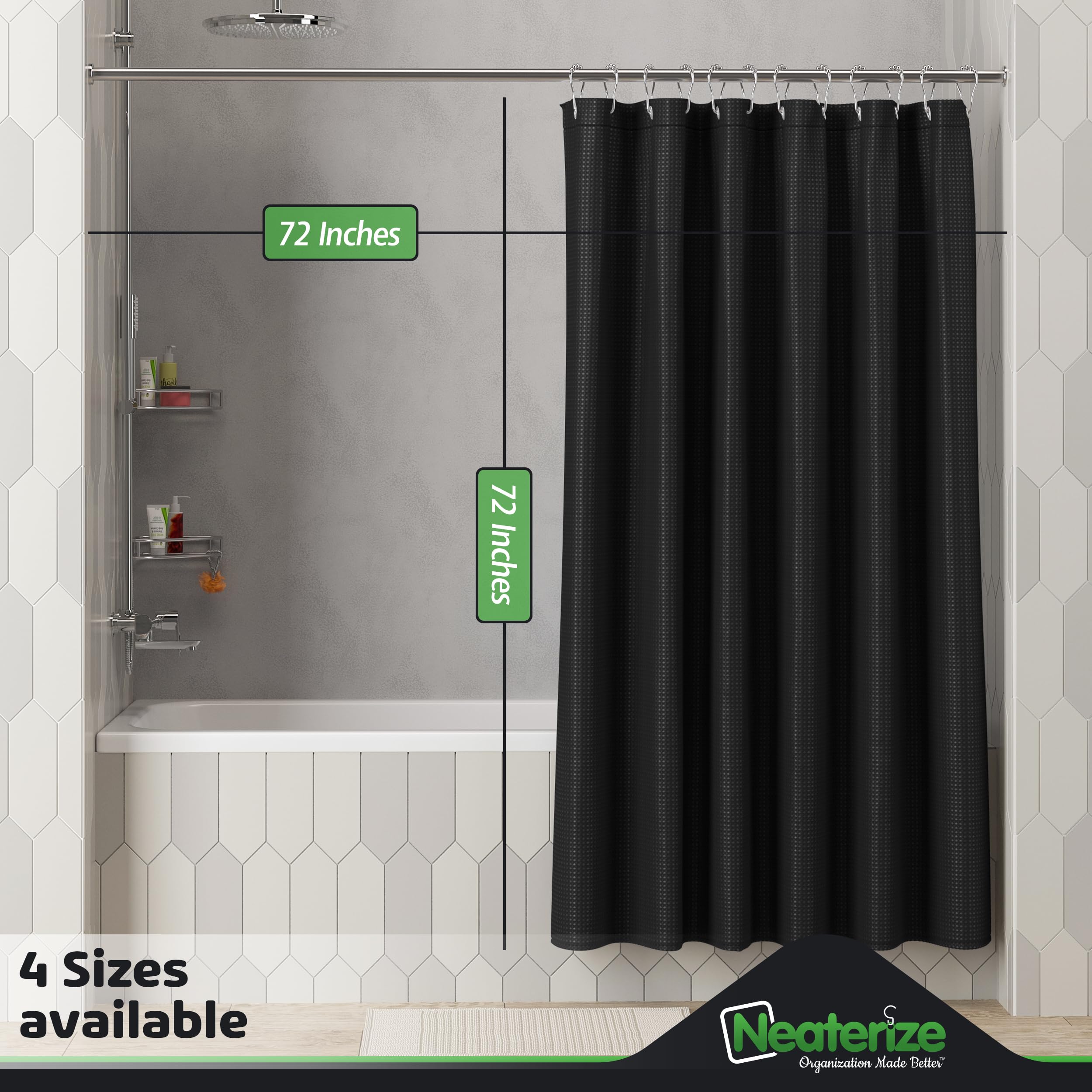 Neaterize Shower Curtain Black - Hotel Style Black Shower Curtains For Bathroom With Waffle Design, 72X72 Inches - Fabric Shower