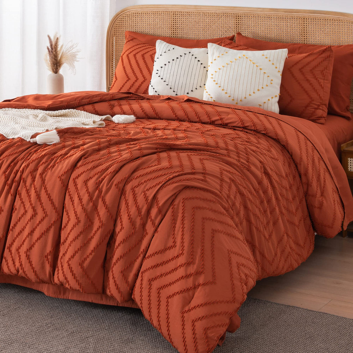 Litanika California King Comforter Set With Sheets Burnt Orange - 7 Pieces Bed In A Bag Cal King Boho Terracotta Beddding Sets R