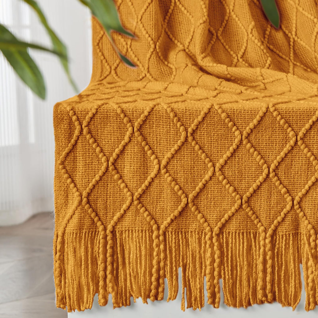 Inhand Knitted Fall Throw Blanket For Couch And Bed, Knit Fall Decor Halloween Blanket With Tassel, Brown Lightweight Decorative