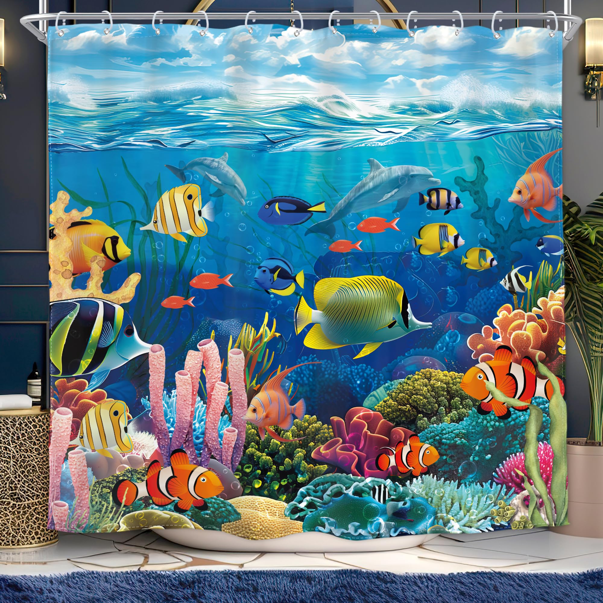 Homewelle Fish Tropical Ocean Kids Shower Curtain 72Wx72L Funny Under Water Underwater Colorful World Coral Blue Clown Fish Anim