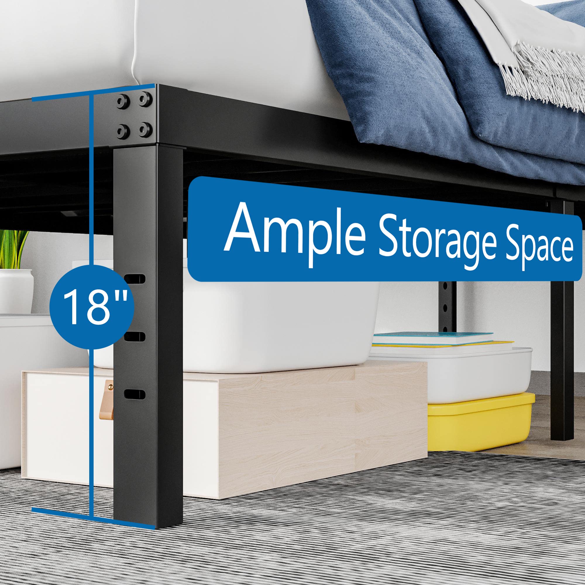 COMASACH Full Size Metal Platform Bed Frame, 18 Tall, Black, Heavy Duty, Supports 3500lbs, No Box Spring Needed, Easy Assembly