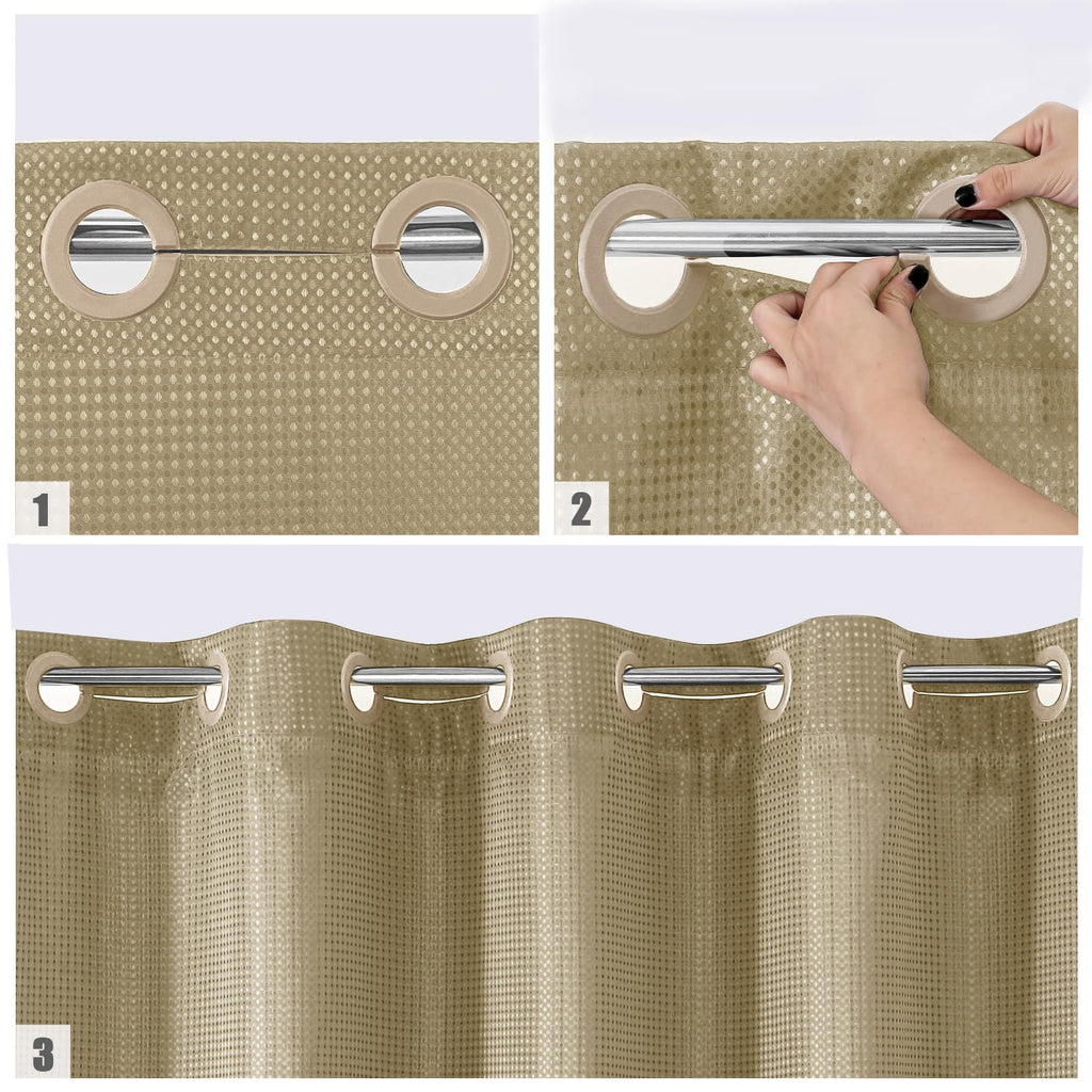 Mitovilla No Hooks Needed Beige Waffle Shower Curtain With Snap-In Liner, Modern Waffle Weave Heavy Duty Fabric Cloth Shower Cur