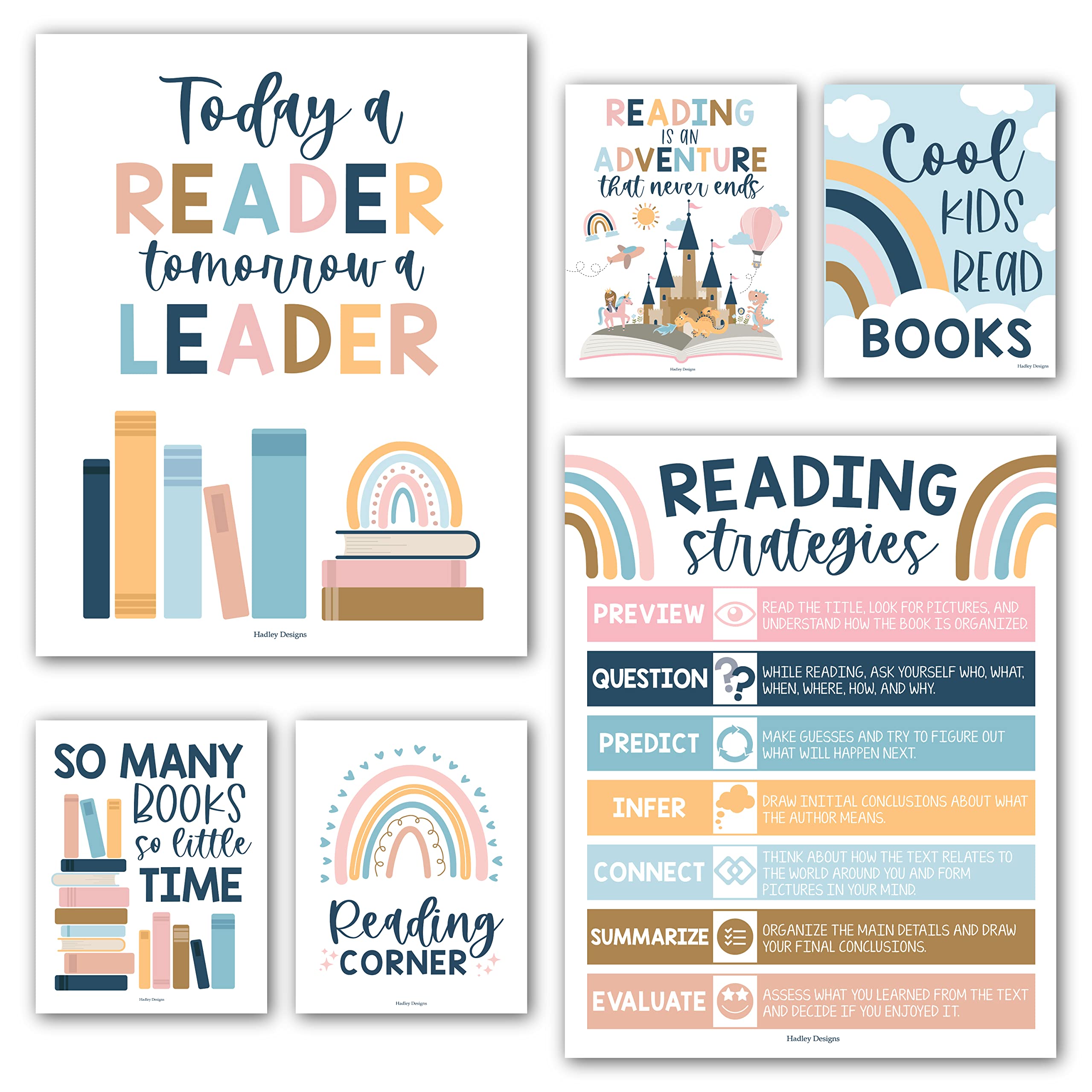 Hadley Designs 6 Boho Reading Posters For Classroom Library Decorations For School, Reading Bulletin Board Sets For Classrooms,