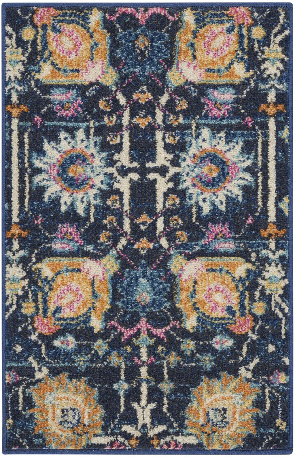 HomeRoots 100% Polypropylene 2’ x 10’ Navy Blue Floral Buds Runner Rug