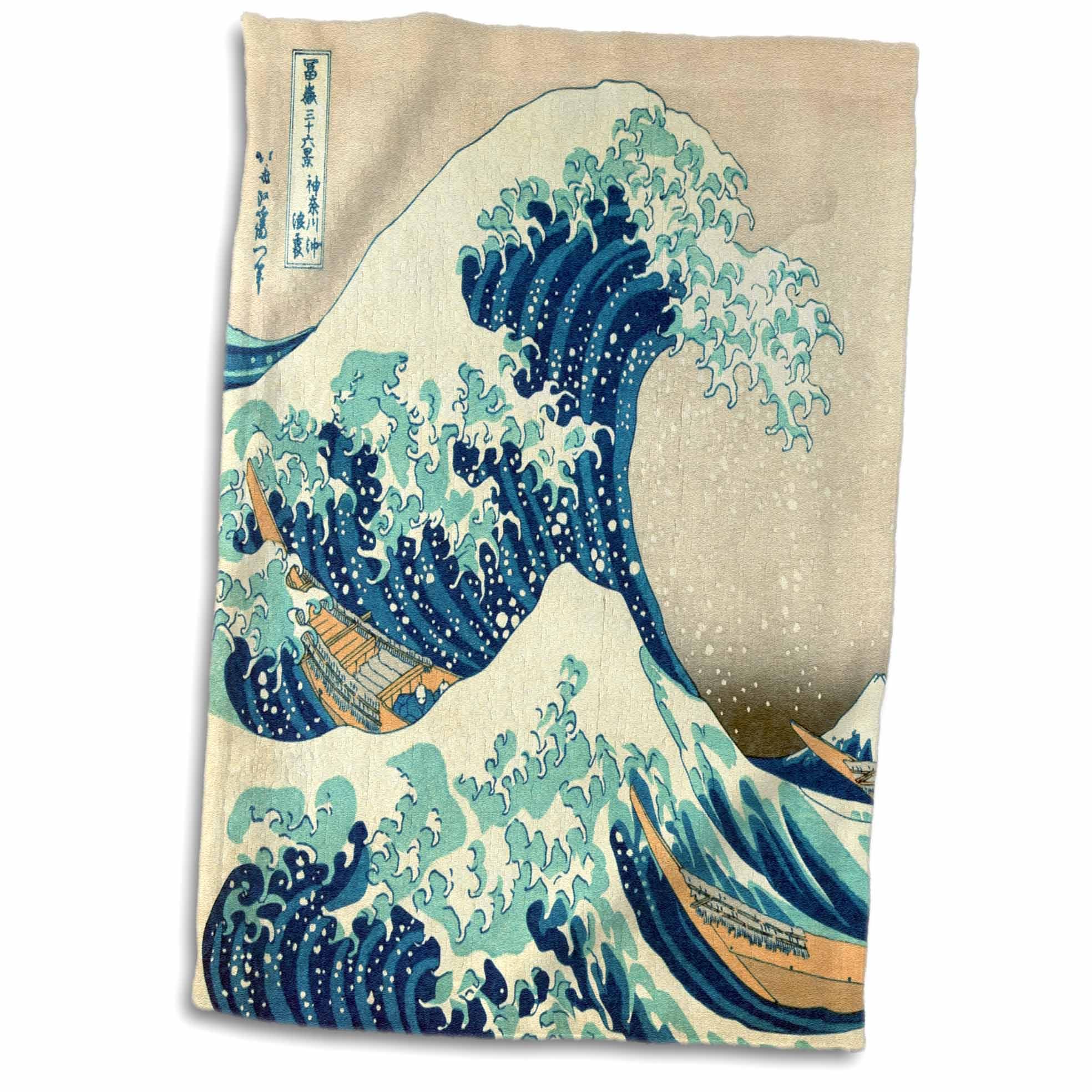 3D Rose The Wave Off Kanagawa by Japanese Artist Hokusai-Dramatic Blue Sea Ocean Ukiyo-E Print 1830 Towel, 15 x 22, Multicolor